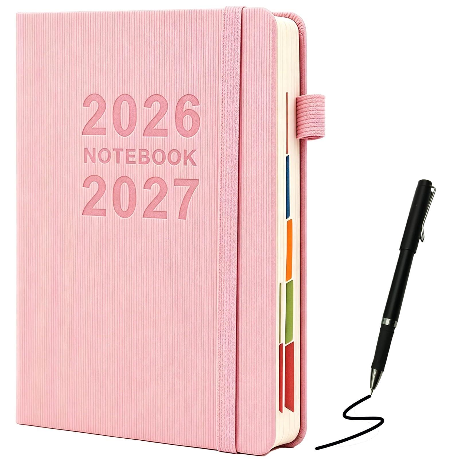 Academic Diary A5,Page a Day,July 2026 - June 2027, Faux Leather Cover& Monthly Planner, Teacher Student Work Journal with Gift Pen, Elastic Band & Ribbon Bookmark (400 Pages)|BSOFSTUF