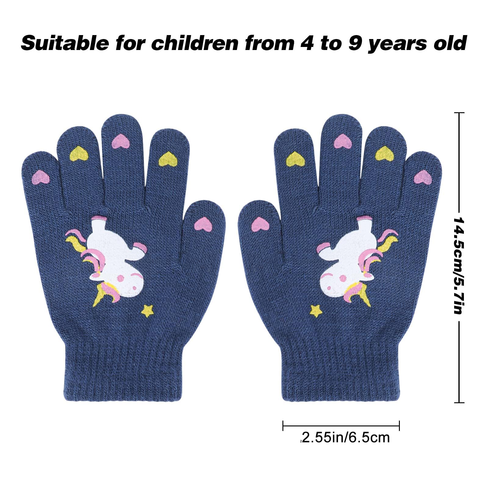 Guantes para niños Guantes de Unicornio Coloridos de Punto de Invierno Guantes Mágicos para Dedos Completos Guantes Cálidos Elásticos para Niños y Niñas, 4 a 9 años, 6 Pares