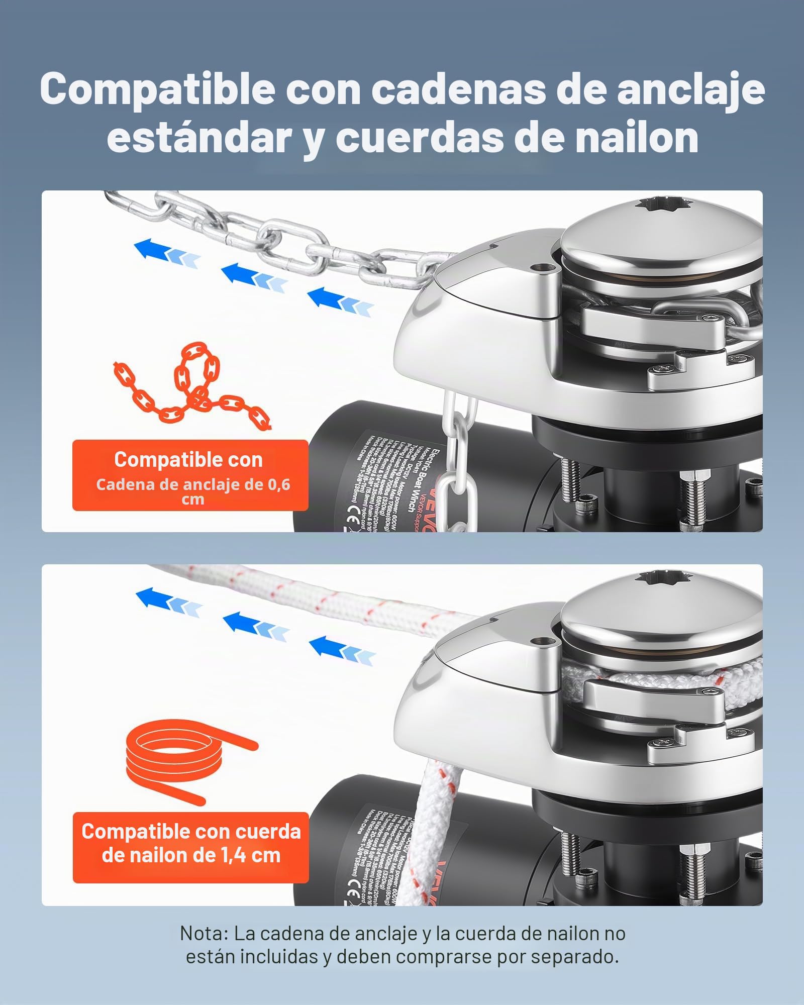 VEVOR Molinete de Ancla Eléctrico, 12 V CC, para Barco de 6 a 11 m, Tracción Máxima de 320 kg, 600 W, Compatible con Cadena de 6,35 mm o Cuerda de Nailon de 14 y 16 mm, Acero Inoxidable 316