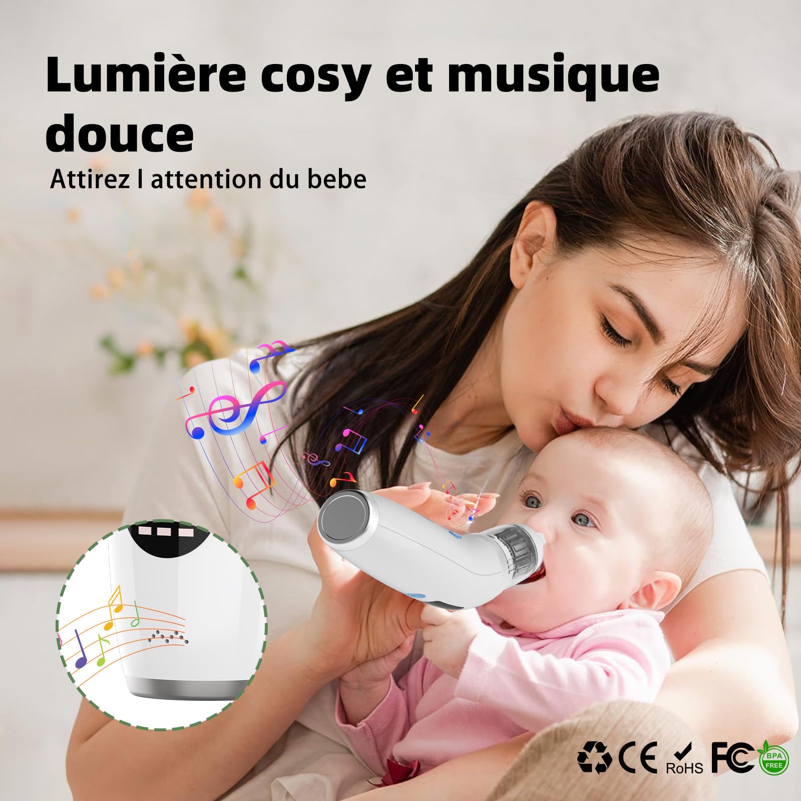 Mouche Bebe Electrique, Mouche nez Bébé confort 5 niveaux d'aspiration mouche-bébé 3 tailles Embout musique et lumière apaisantes affichage LED portable