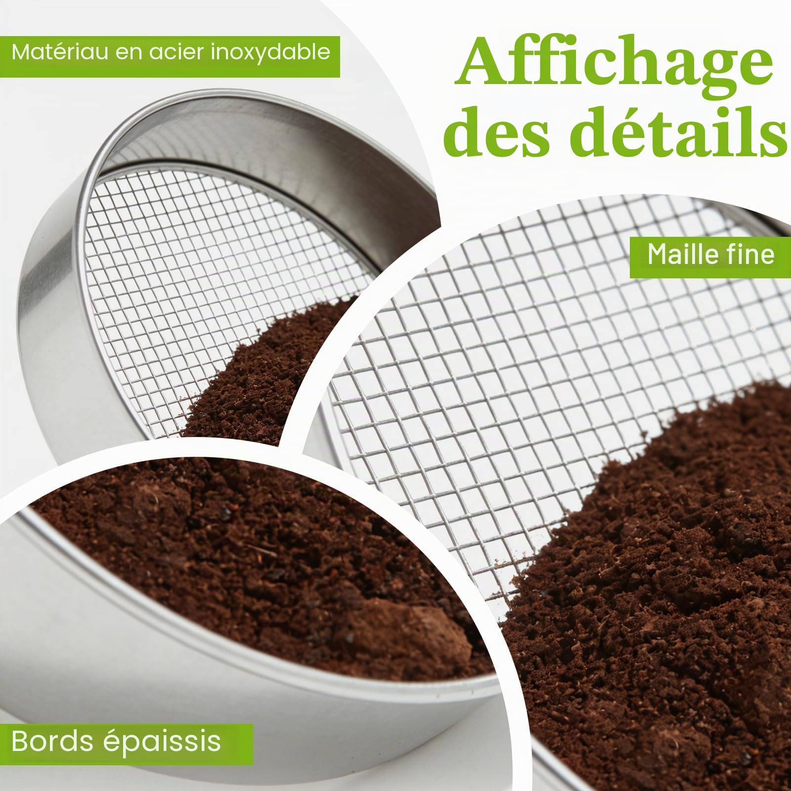 Tamis De Jardin En Acier Inoxydable, 5 En1 Tamis Jardin, Tamis À Compost Rond En Métal, Rond 20 Cm, Avec Pelle Et Gants Avec 5 Tamis Interchangeables Ø 3,6,9,10,12 Mm Pour Terre, Compost, Semences