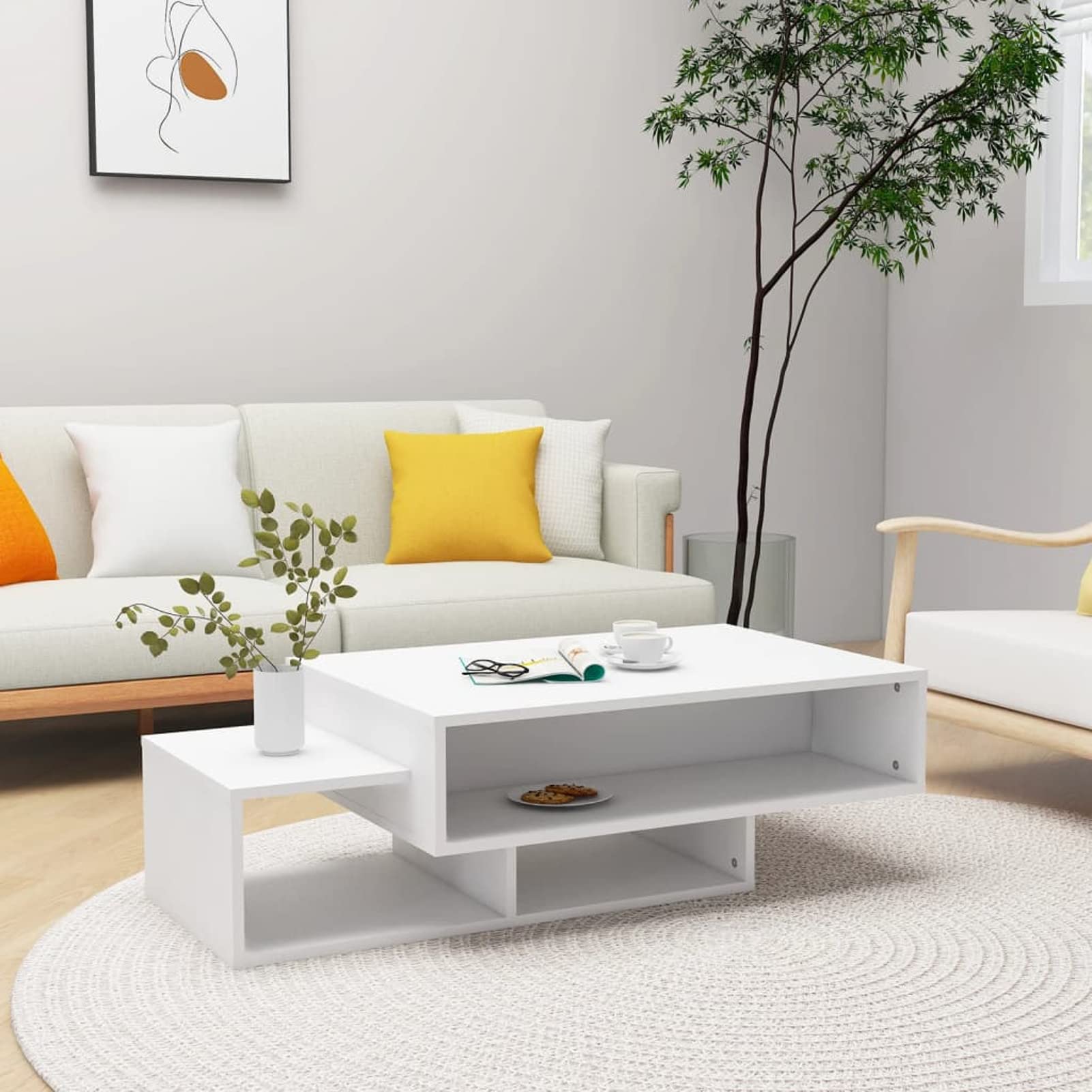Tavolino Da Salotto Bianco 60x60x30 Cm In Legno Multistrato E Eucalipto – Stile Scandinavo, Ripiano Portaoggetti, Facile Da Pulire