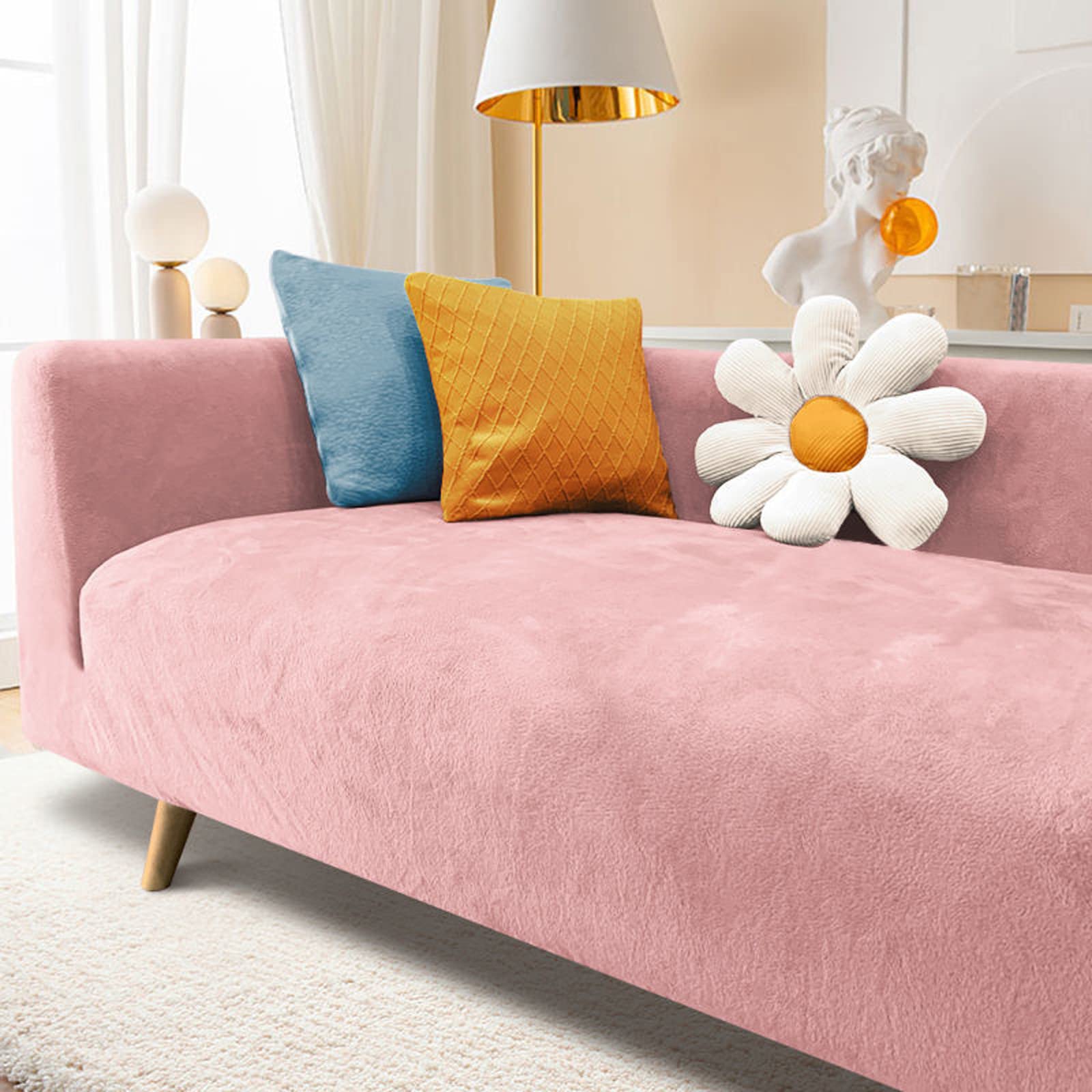 ADOORO Velvet Sofa Slipcover High Stretch Plush Couch Covers Luxury Thick Soft Sofa Cover Washable Furniture Protector,Couch Covers For Dogs,Pets,Kids,Pink,Single Seat(90-140cm/35-55inch)