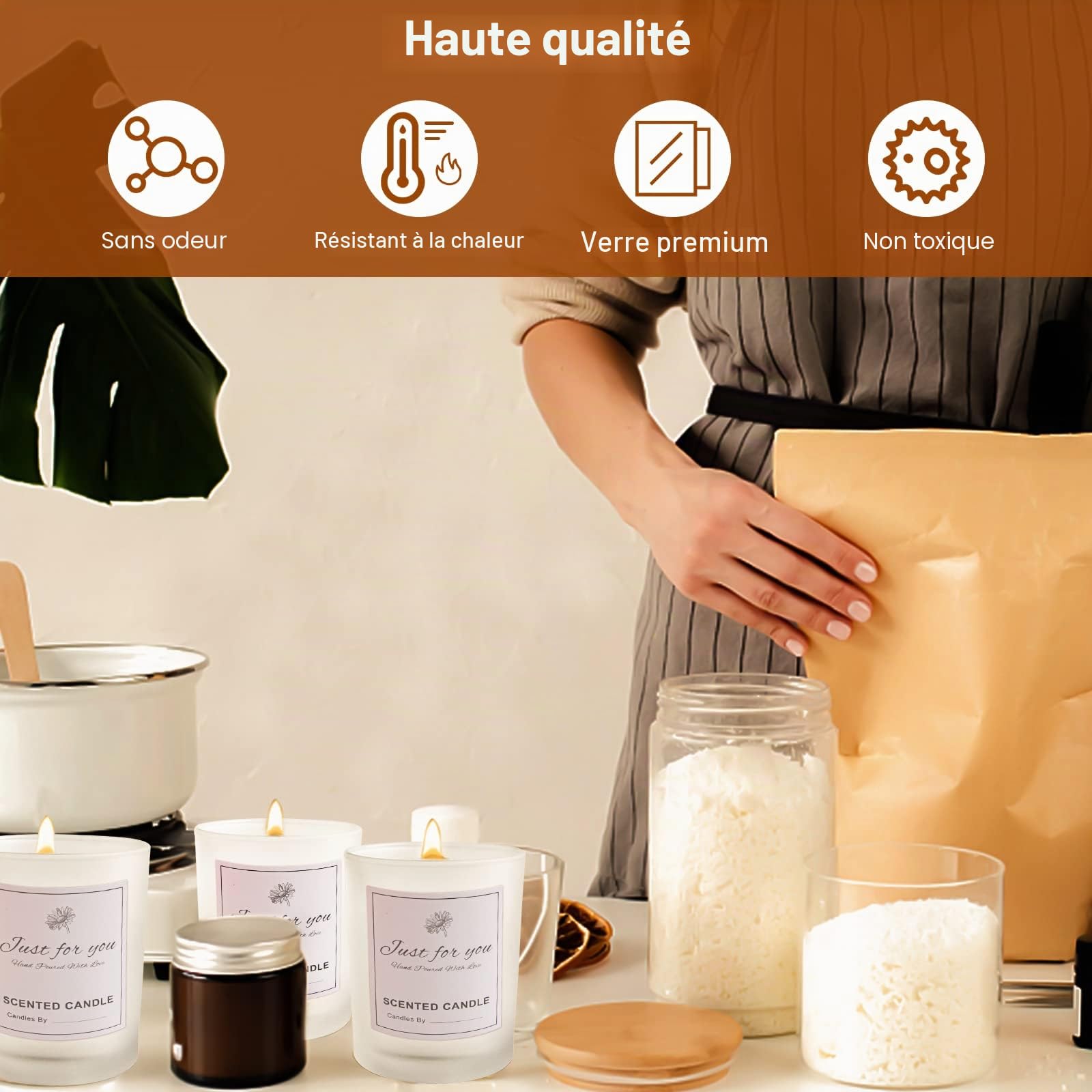 CONNOO Lot de 15 pots à bougies vides givrés de 200 ml avec couvercles en bambou et étiquettes adhésives pour la fabrication de bougies