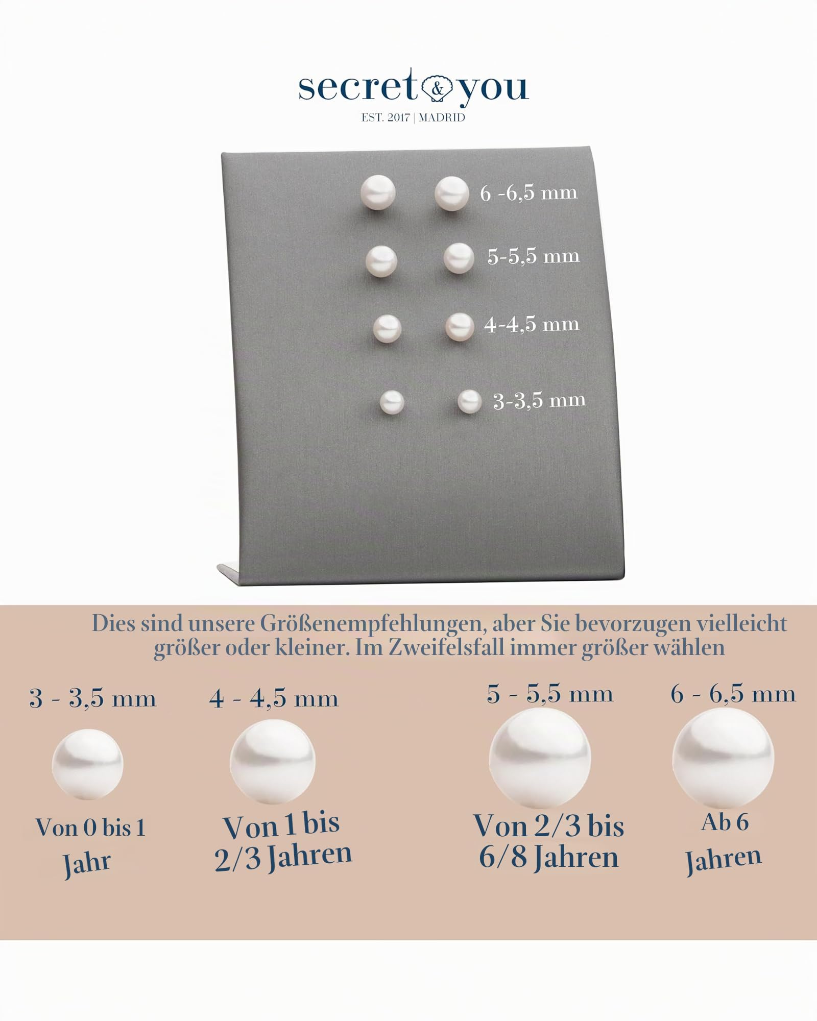 SECRET & YOU - Perlenohrringe für Babys und Mädchen. Weiße runde Perlen mit speziellen Gewindemuttern - Erhältlich in 18 Karat Gold oder 925 Sterling Silber und in verschiedenen Größen.