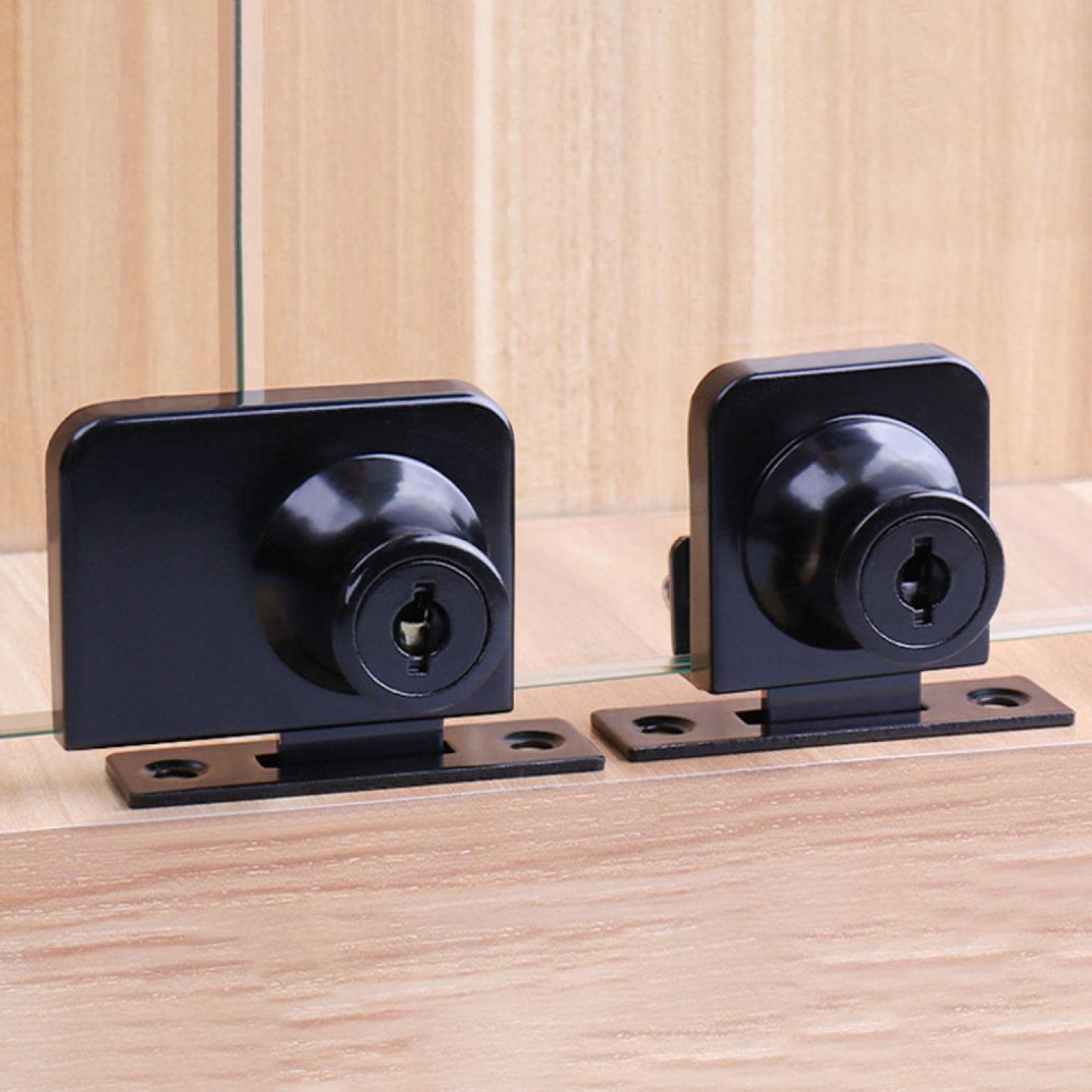 RANRAO 2Pcs Balck Glass Cabinet Lock, Glass Cabinet Double Door Door Lock Showcase Lock Free Glass Opening With Key