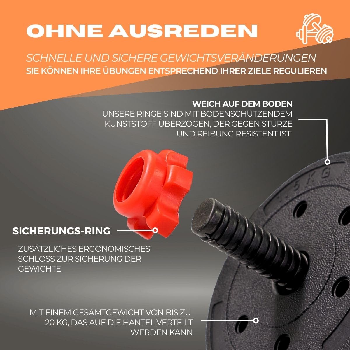 Mobiclinic®, Hantelset verstellbar, 2 in 1, Gewicht von 20-30 kg, Enthält hanteln und gepolsterte verlängerungsstange, Rutschfeste muttern, Robuster stahl, Heim-fitnessstudio
