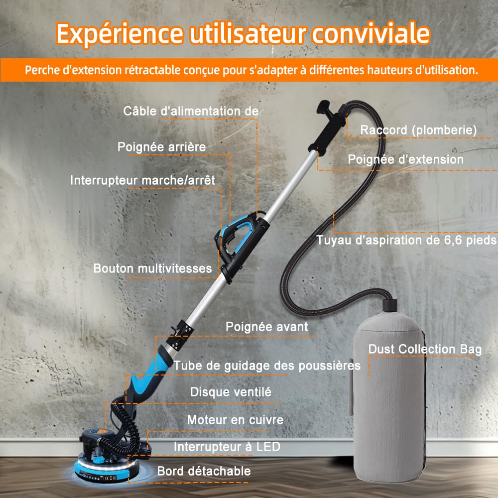Lijadora de jirafa, lijadora de pared profesional 750 W con colector de polvo, lijadora eléctrica para techos y paneles de yeso de 7 velocidades variables (azul)