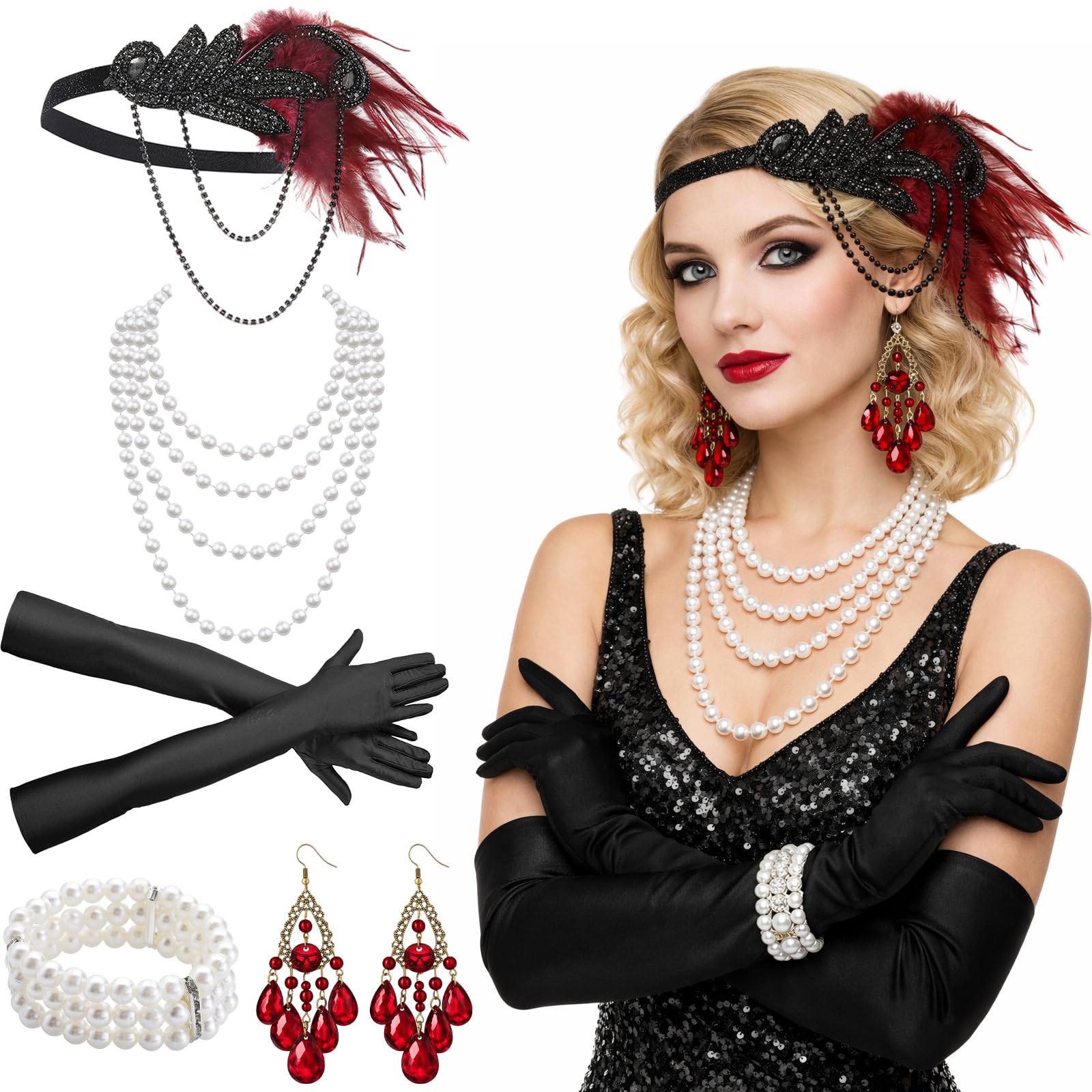GWAWG 1920s Flapper Great Gatsby Accessories Set,Great Gatsby Accessories Women,Roaring 20's Theme Set,Ladies Charleston Fancy Dress Up Set for Women Christmas Carnival Halloween (RedBlack)