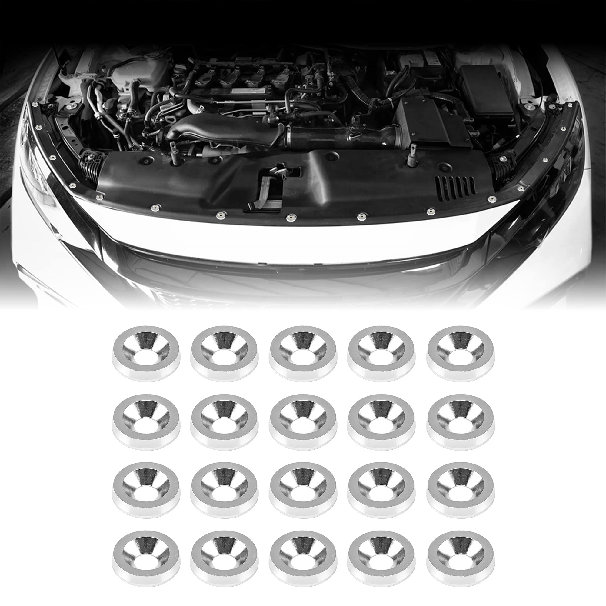 20 Pieces CNC Billet Aluminum Washer Kit for Bumper Fender Washer, Bumper Washer Bolt, License Plate, Engine Bay Dress Up (Silver)