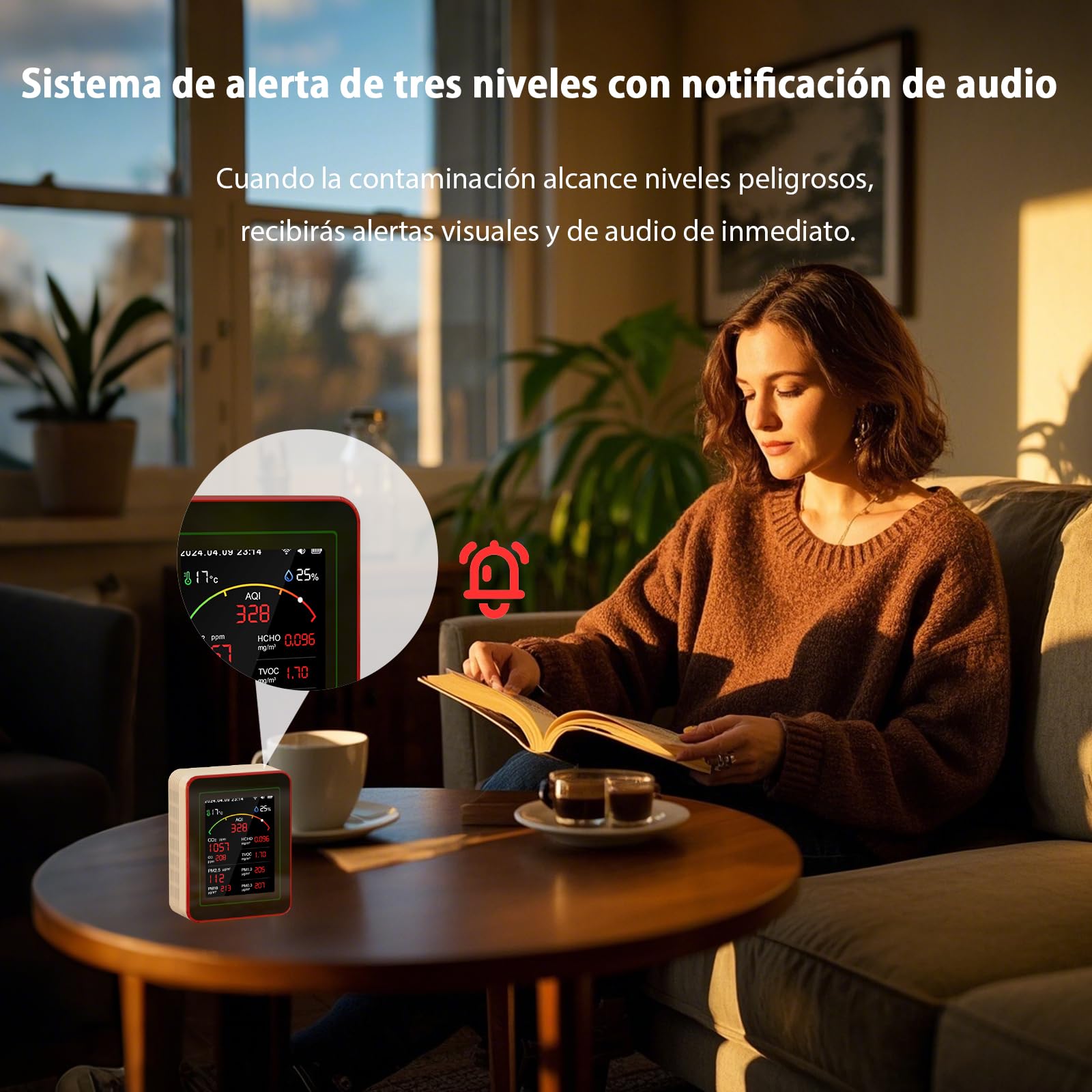Medidor de Calidad del Aire Interior 15 en 1 con App - 2 Chips Sensores Precisos de CO2,PM2.5/PM10,HCHO,TVOC | Alertas en Tiempo Real y Análisis para la Salud | Fácil Lectura,Ideal para Hogar,Oficina