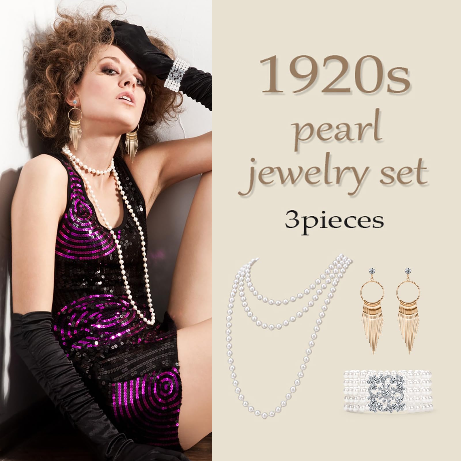 1920s Pearl Jewelry Set - Long Pearl Necklace, Earring Set, Multilayer Bracelet - Flapper Accessories for Women