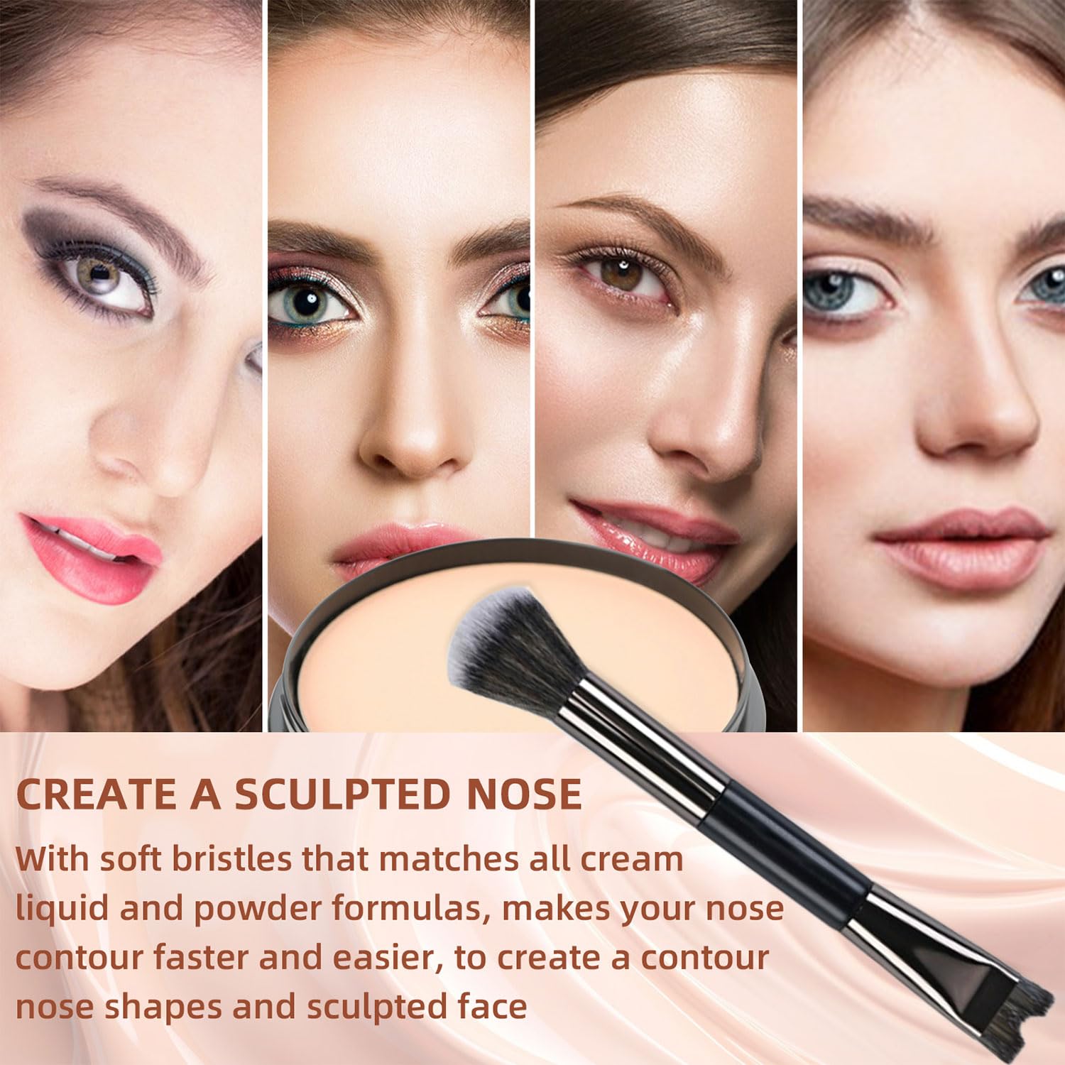 2 brochas de contorno de nariz, brochas de contorno en forma de U para maquillaje, cepillo esponjoso multifuncional de doble extremo, cepillo corrector plano suave en ángulo para mujeres y niñas