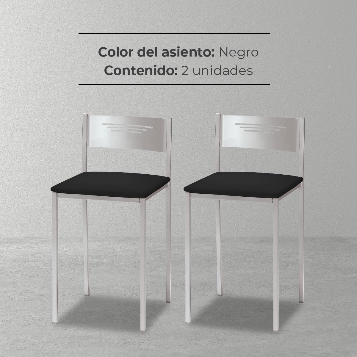 ASTIMESA Dos Taburetes de Cocina con Respaldo Polipiel Negro, Altura de Asiento 45 cms (TABCRNE)