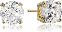 Amazon Essentials 18K Gold Plated Sterling Silver CZ Stud Earrings - 6.5mm Round Cubic Zirconia, Secure Push Back for Everyday Shine