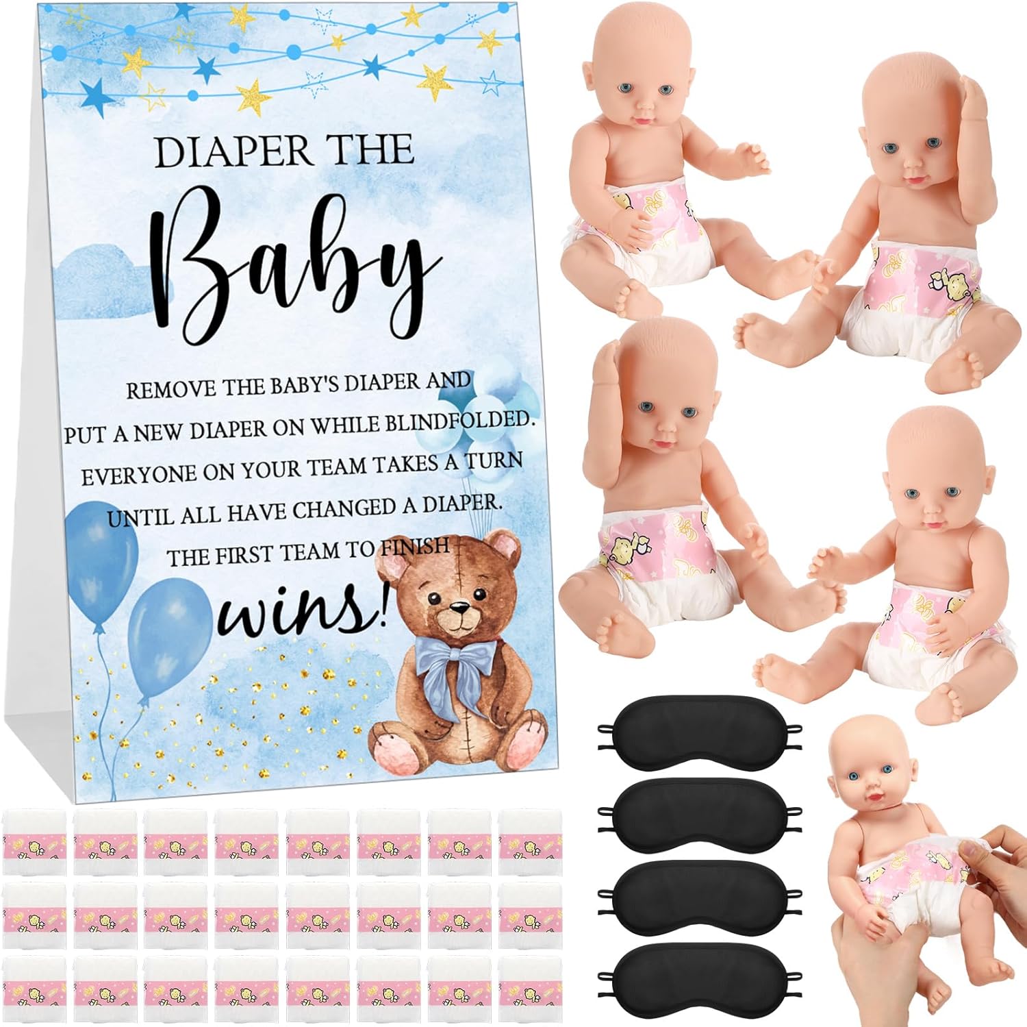 33 Pcs Baby Shower Diaper Changing Game Supplies Including Dolls Blindfold Diapers Wooden Sign for Changing Race Gender Reveal Party Favors(Greenery)