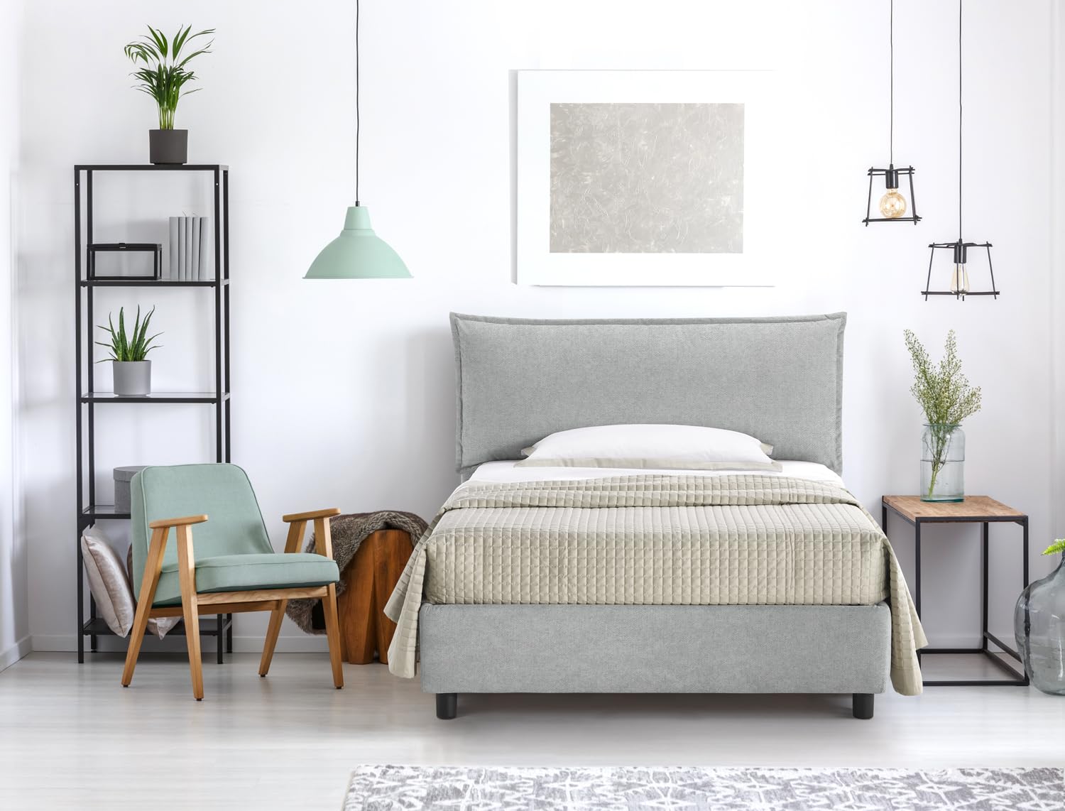 EVERGREENWEB Letto una Piazza e Mezza con Contenitore 120x195 cm Elegante Struttura Imbottita per Adulti e Ragazzi Rete a doghe in Legno Inclusa Moderna Testiera Rivestimento SFODERABILE Grigio Chiaro