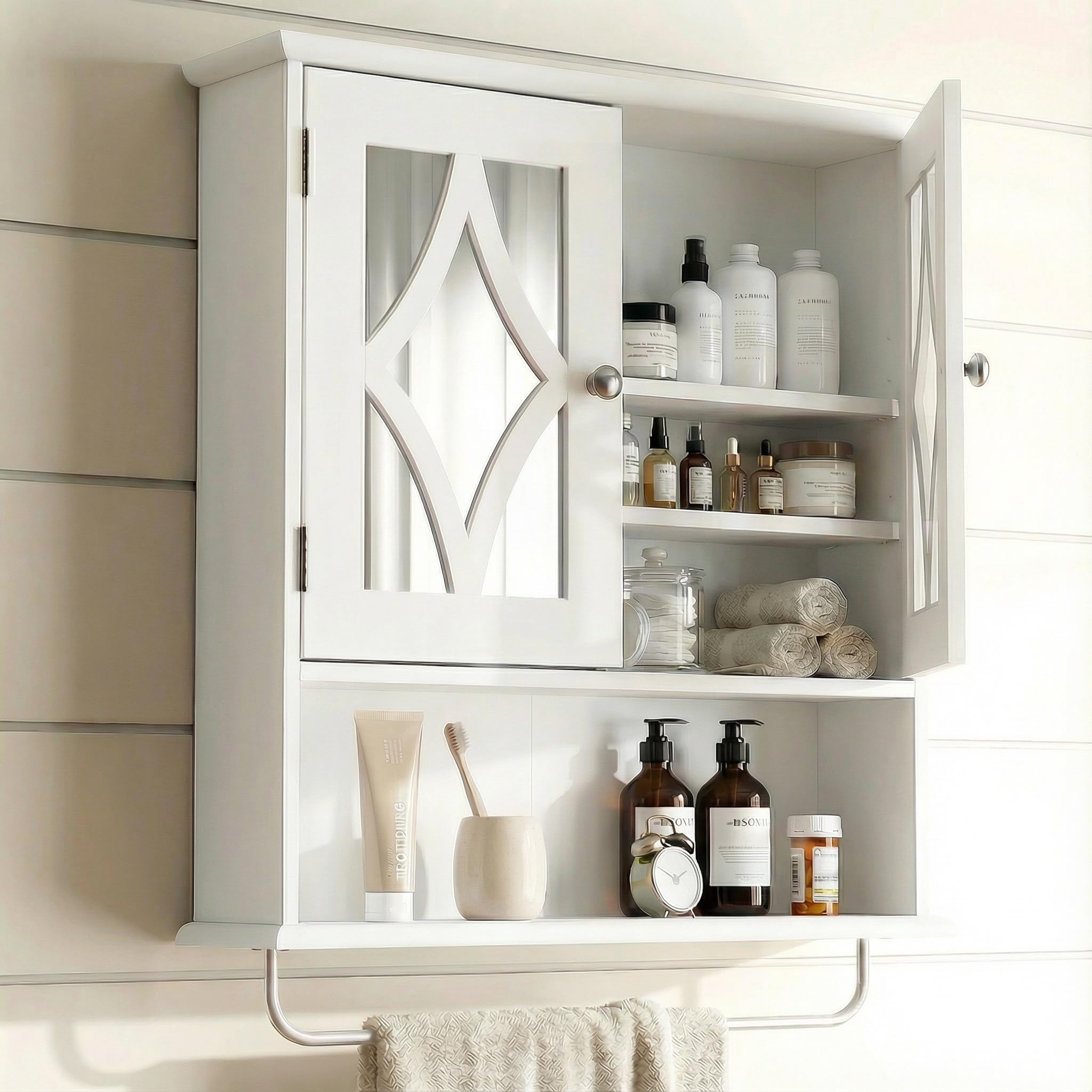 RoyalCraft Bathroom Wall Cabinet with Mirror, Over the Toilet Storage Cabinet with Towel Rack and Adjustable Shelf, Large Bathroom Medicine Cabinet