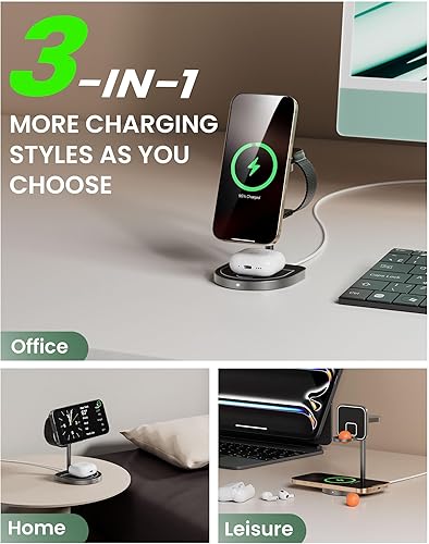 Miniatura 3 de KU XIU X85 - Estación de carga 3 en 1 de 3 puntos para Apple, soporte de carga inalámbrico magnético de aleación de aluminio con mini baloncesto y