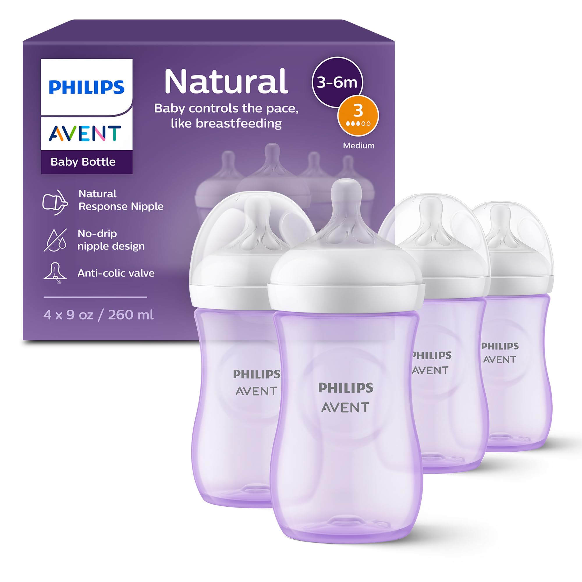 Philips Avent Natural Baby Bottles with Natural Response (Medium Flow, Flow 3), 9oz, Purple, 4-Pack, SCY903/34
