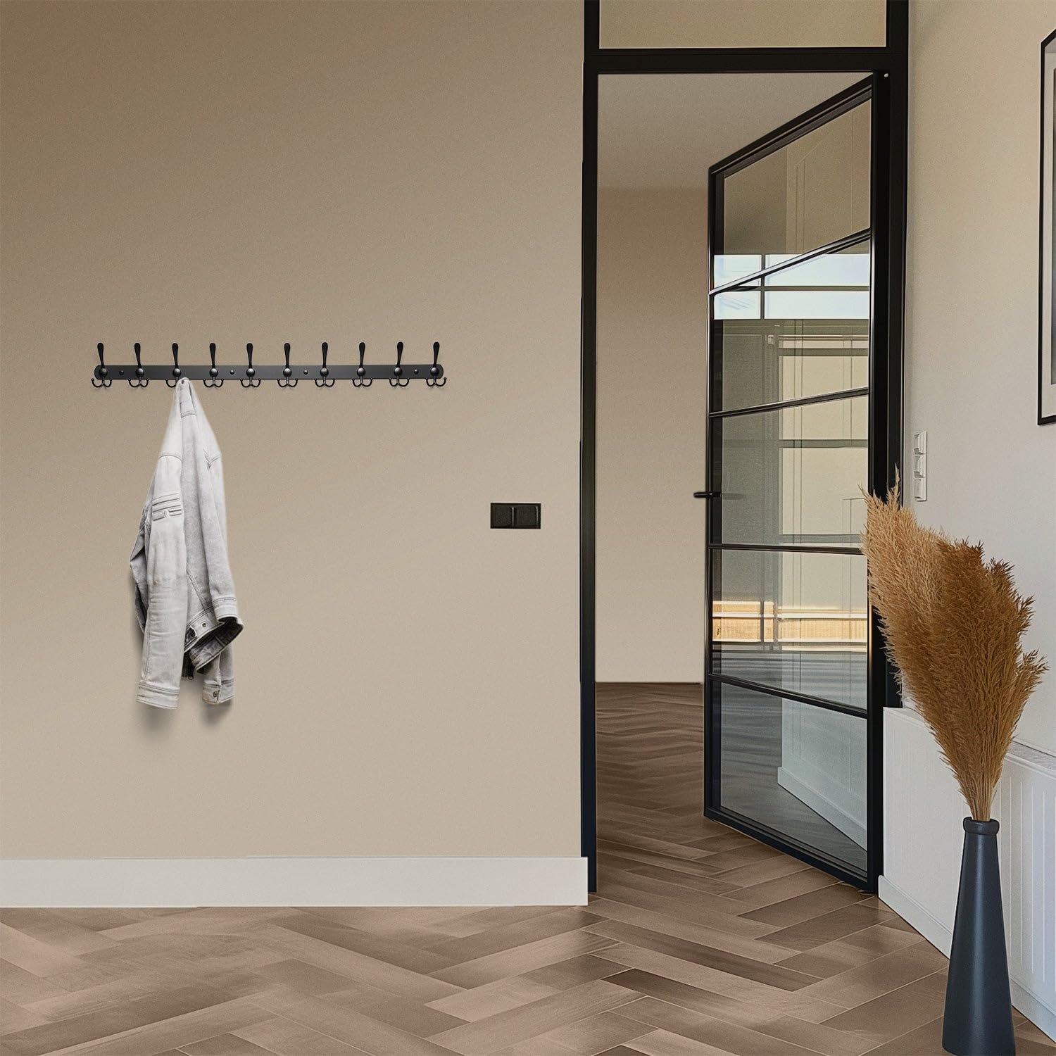 TOJ Perchero de pared con 30 ganchos - Perchero de pared colgante - Perchero - Acero inoxidable - 95CM - Negro Mate