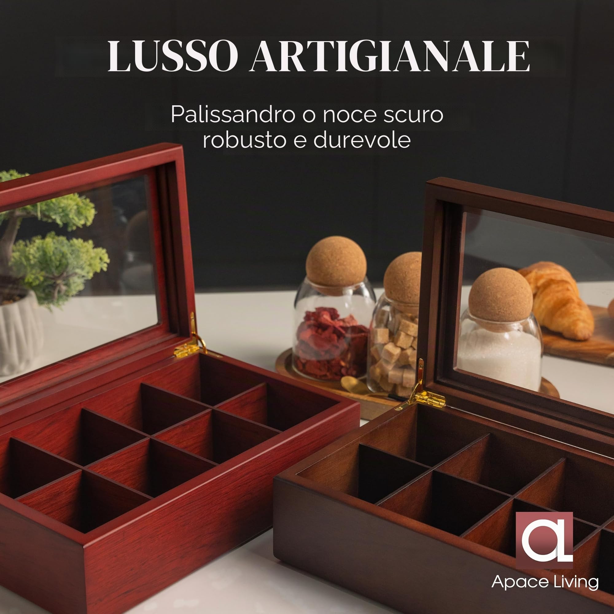 Scatola da tè – Lussuosa scatola da tè in legno della collezione Premium Cofanetto per bustine da tè scomparti regolabili, fatto a mano e con lucernario resistente ai graffi (Walnut 6-Compartment)