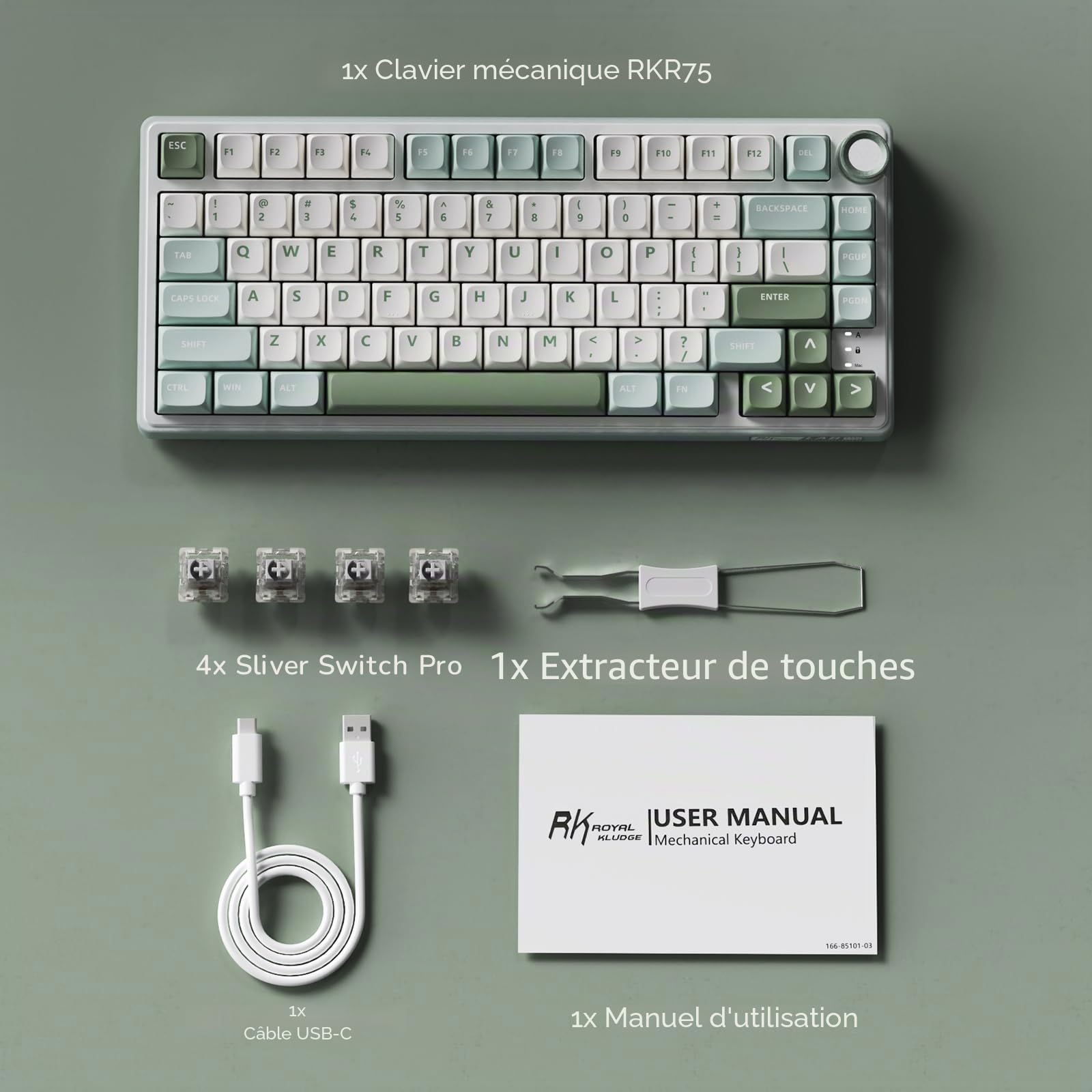 RK Royal KLUDGE Clavier mécanique Filaire R75 avec Bouton de Volume, Montage sur Joint de Clavier de Jeu personnalisé à 75% rétroéclairé RVB avec Logiciel, Profil MDA, Touches PBT, commutateur