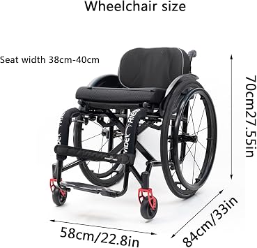 Folding All-Terrain Ultra Lightweight Sports Wheelchair Adjustable Footrest and Seat Height, Handbrakes Quick Release Rear Wheels & Anti-Tip Wheels Suitable for Adults, Disabled, Elderly(Black,Seat wi