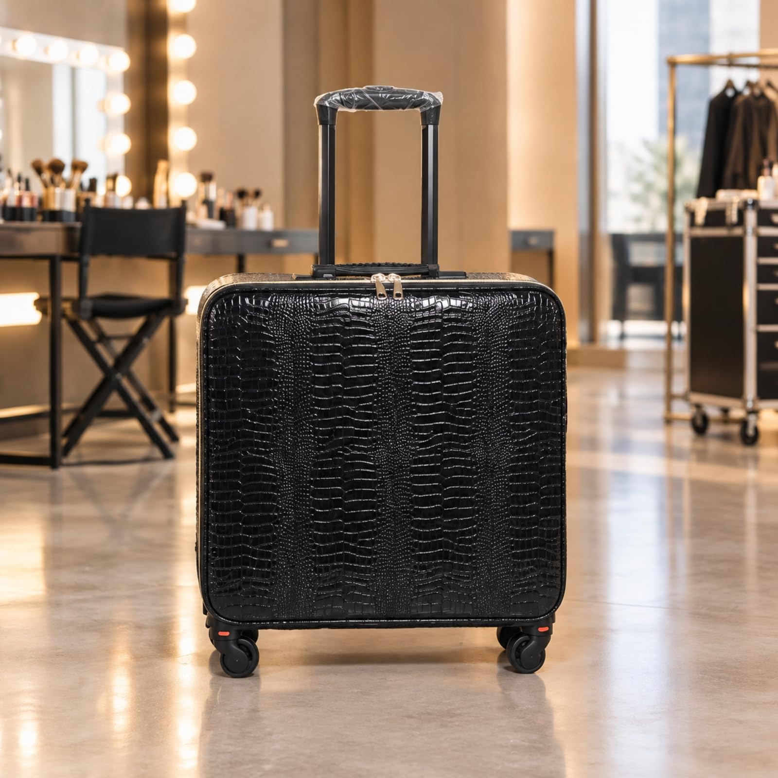 predolo Valigia Trucco con Ruote e Interno Strutturato Professionale Organizer Cosmetici Trolley con Manico Telescopico Struttura Rigida per Estetiste, Eventi, Nero Intrecciato