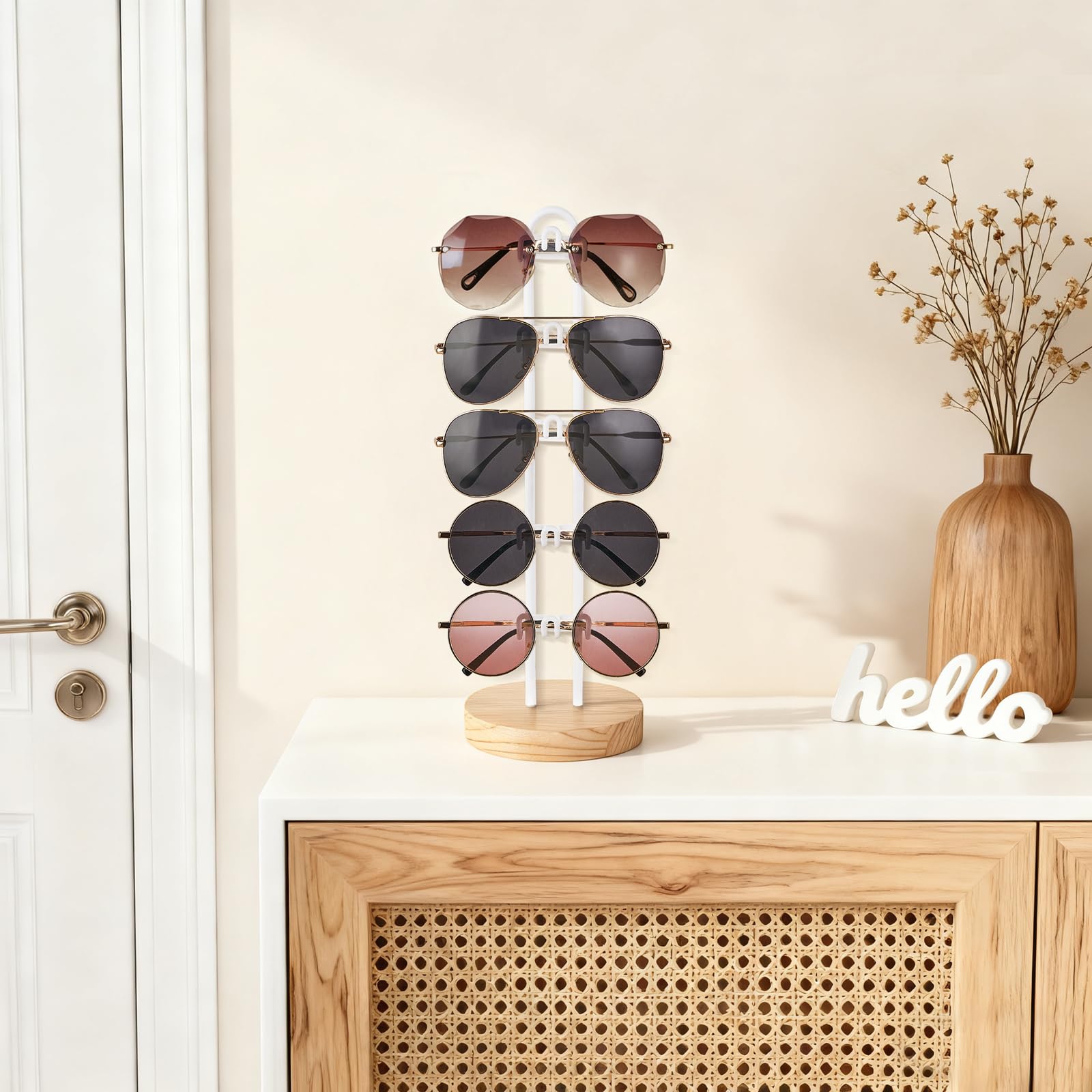 Mkono Sunglasses Organizer Glasses Holder Stand Sunglass Storage Eyeglasses Rack Metal Frame with Wood Base for 5 Pairs of Eyewear Display for Table Desk Countertop Dresser Bedroom, Set of 1, Gold: 1 Wood
