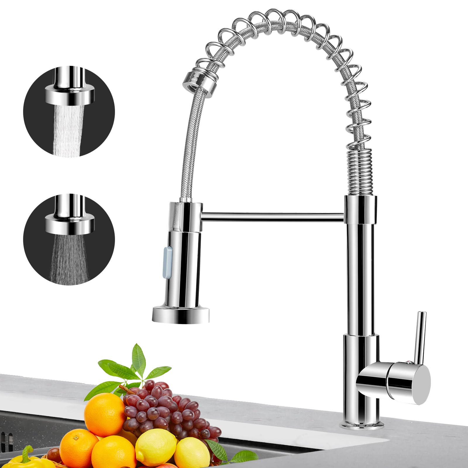 Kitchen Taps, Kitchen Sink Mixer Tap with Pull Out Sprayer, Kitchen Mixer Taps 1 Hole Commercial with Pull Down Hose High Arc 360°Swivel Spring Faucet Single Handle Lever, 2 Spray Modes Chrome