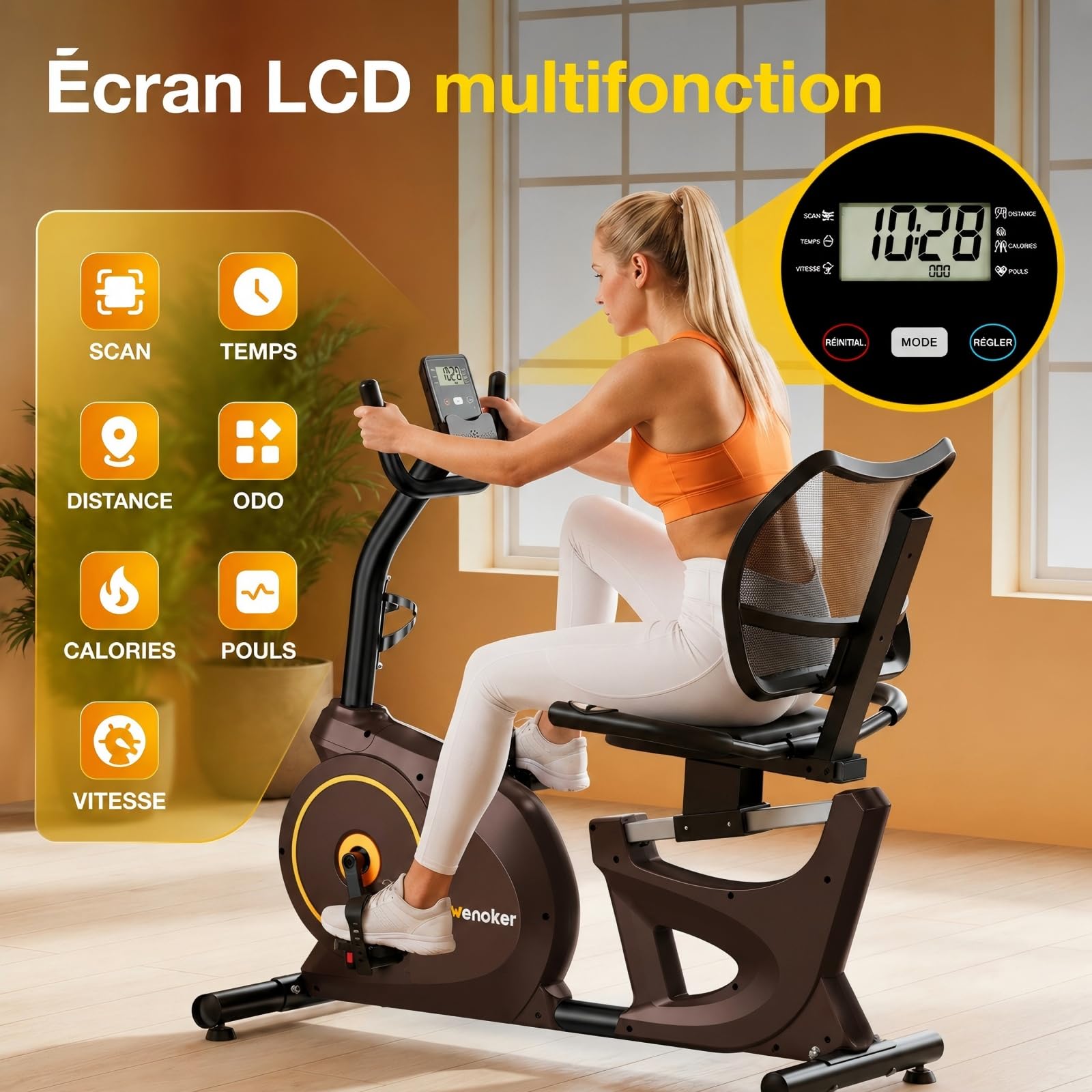 Vélo d'appartement ergomètre avec frein magnétique, capteurs de pouls et écran LCD, 15 niveaux de résistance, ergomètre d'assise avec dossier pour personnes âgées