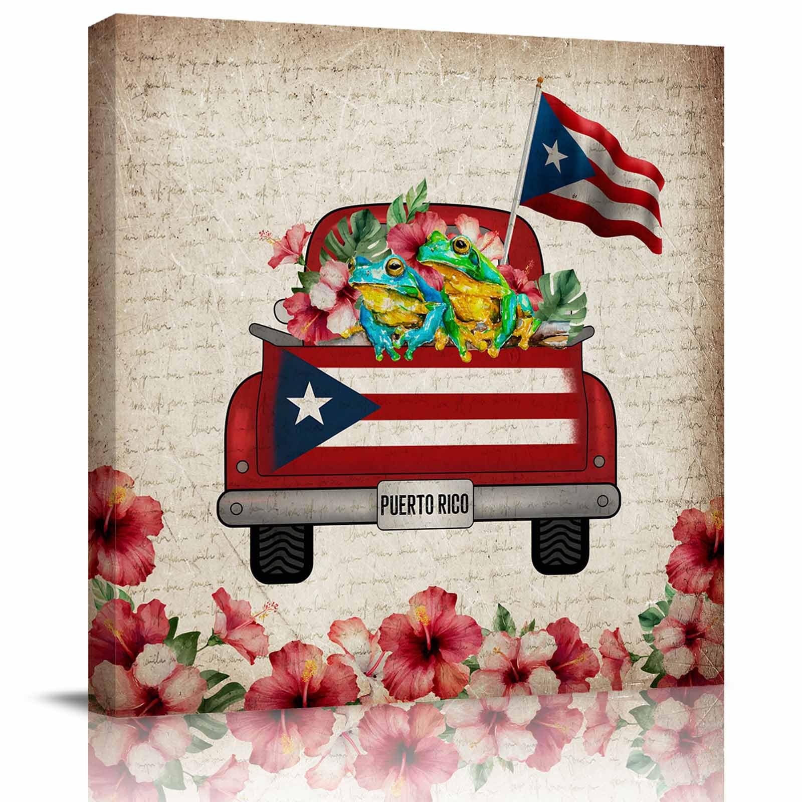 Wall Art Prints, Puerto Rican Flag Framed Canvas Prints for Bedroom Living Room Bathroom Office, Vintage Country Truck Flowers Beige Gallery Wrap Wall Art Poster for Gifts Home Decor 12"x12"
