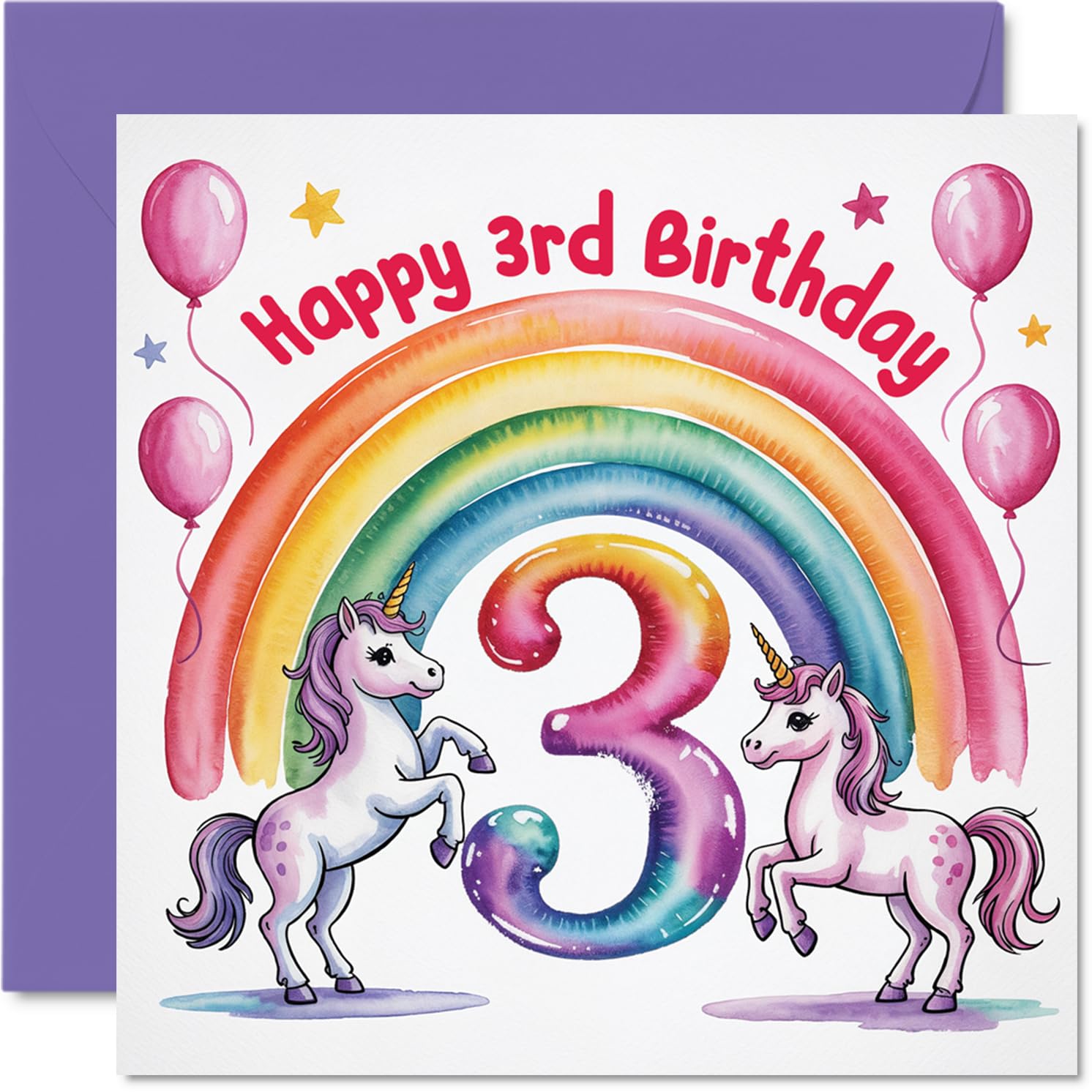 Playful 3rd Birthday Card - Bursting with Birthday Magic - Unicorns, Rainbows and Balloons in Vibrant Colours - 145mm Square, Envelope Included