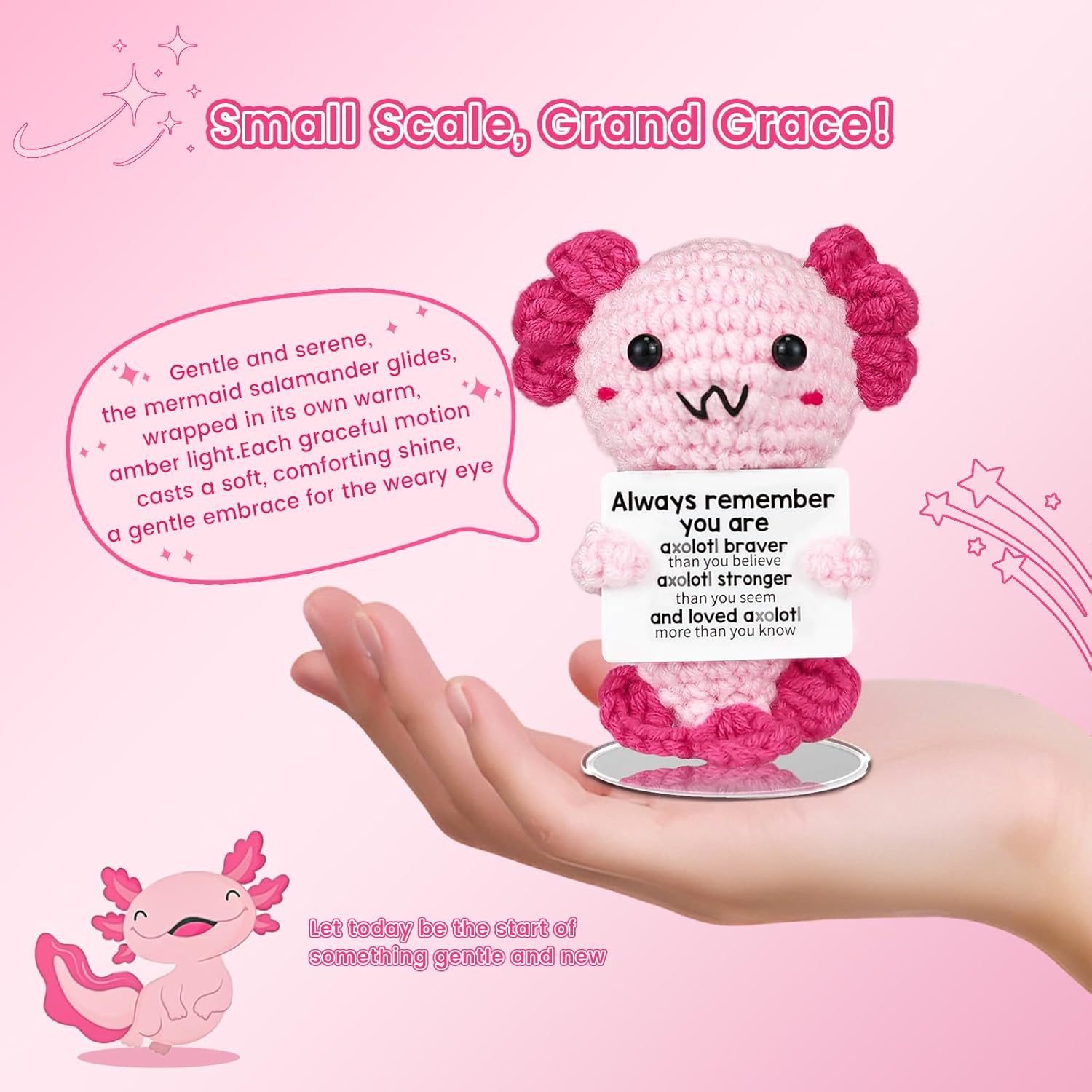 Handmade Mini Positive Crochet Animal Axolotl with Positive Card Knitted Emotional Plush Decor for Women Girls Boy Teens Friends Teenage Daughter Mom Dad Birthday Easter Valentines Christmas - Image 5