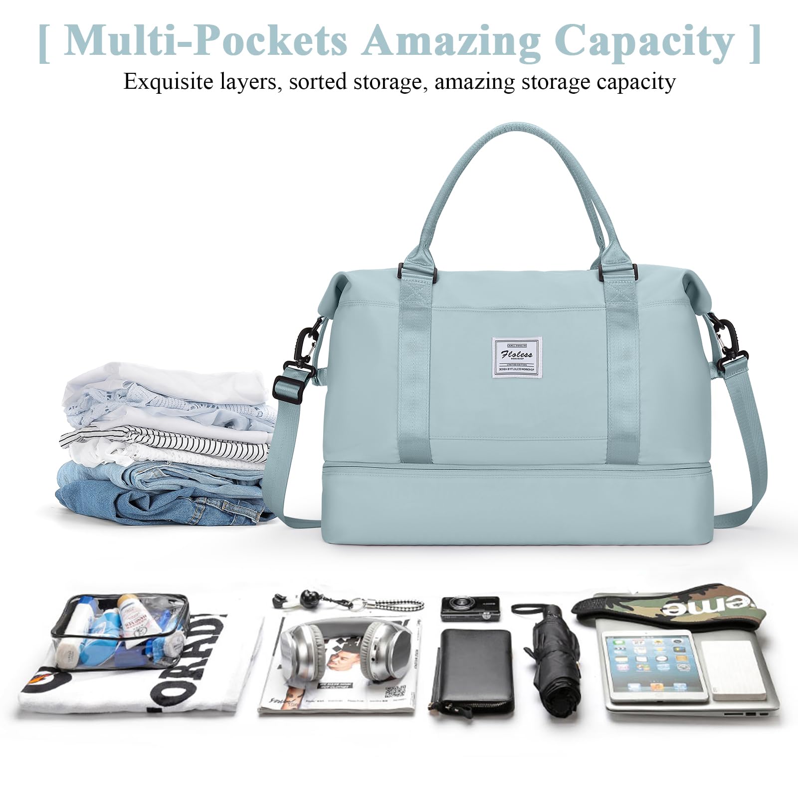 Borsone da Viaggio Donna, Bagaglio a Mano Borsa da Viaggio con Scomparto per le Scarpe, Borsa Sportiva Borsone da Palestra Grande, Borsa da Weekend, Borsa per Ospedale,A6 blu