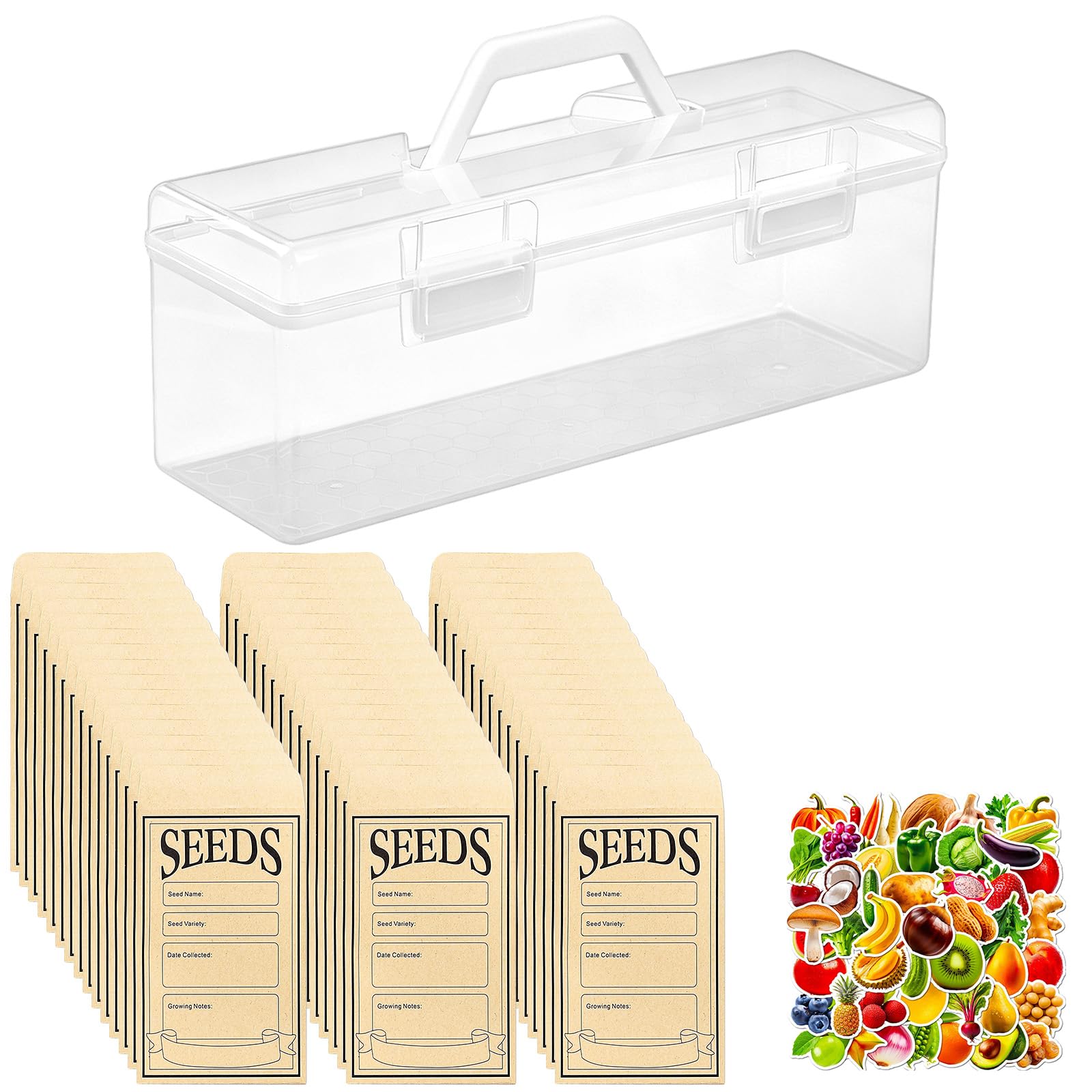 Caja organizadora de almacenamiento de semillas, plástico transparente con asa, incluye 200 sobres de semillas y 50 calcomanías de frutas y verduras, contenedor portátil para amantes de las