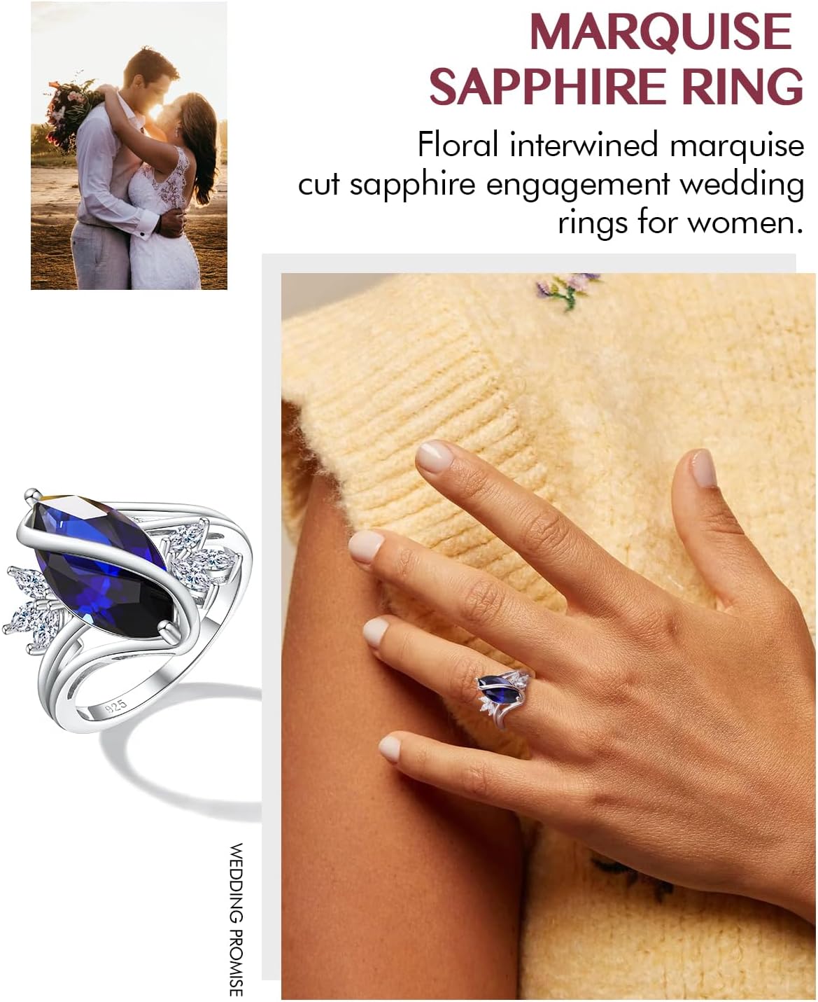 DAYBYDAY Sapphire/Ruby/Emerald/Aquamarine Ring, 925 Sterling Silver Marquise Cut Flower Engagement Rings for Women, 4 Carat Twist Promise Ring Size 6-10 - Image 2