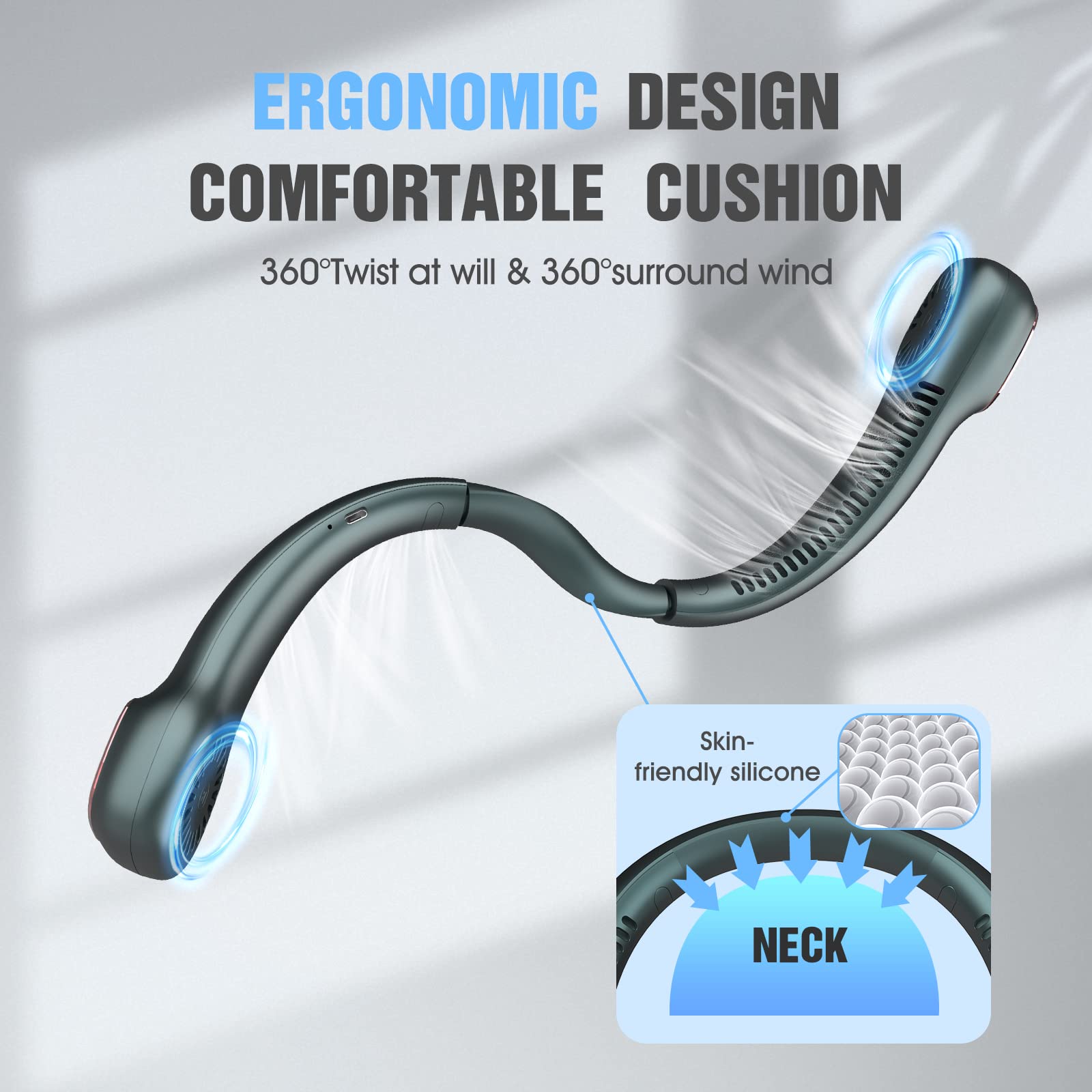 Dancial Ventilatore da collo USB,Ventilatore Ricaricabile USB con Batteria da 4000 mAh, Ventilatore Portatile Senza Pale a 3 Velocità per Escursionismo, Ufficio, Viaggi, Esterno