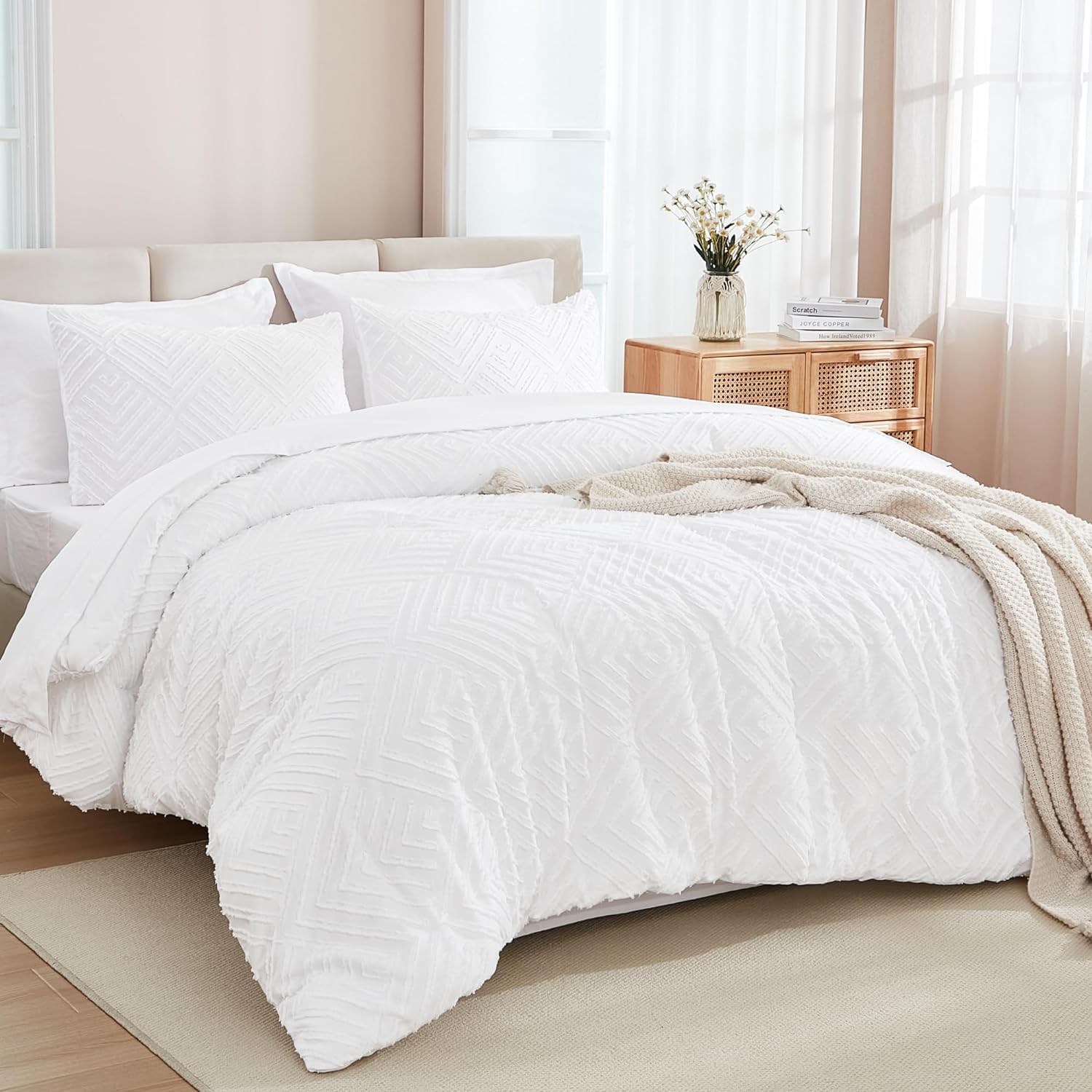 Andency California King Size Comforter Set with Sheets White - 7 Pieces Bed in a Bag Cal King Boho Tufted Lightweight Beddding Sets with Comforter, Sheets, Pillowcases & Shams White California King (104"x96")