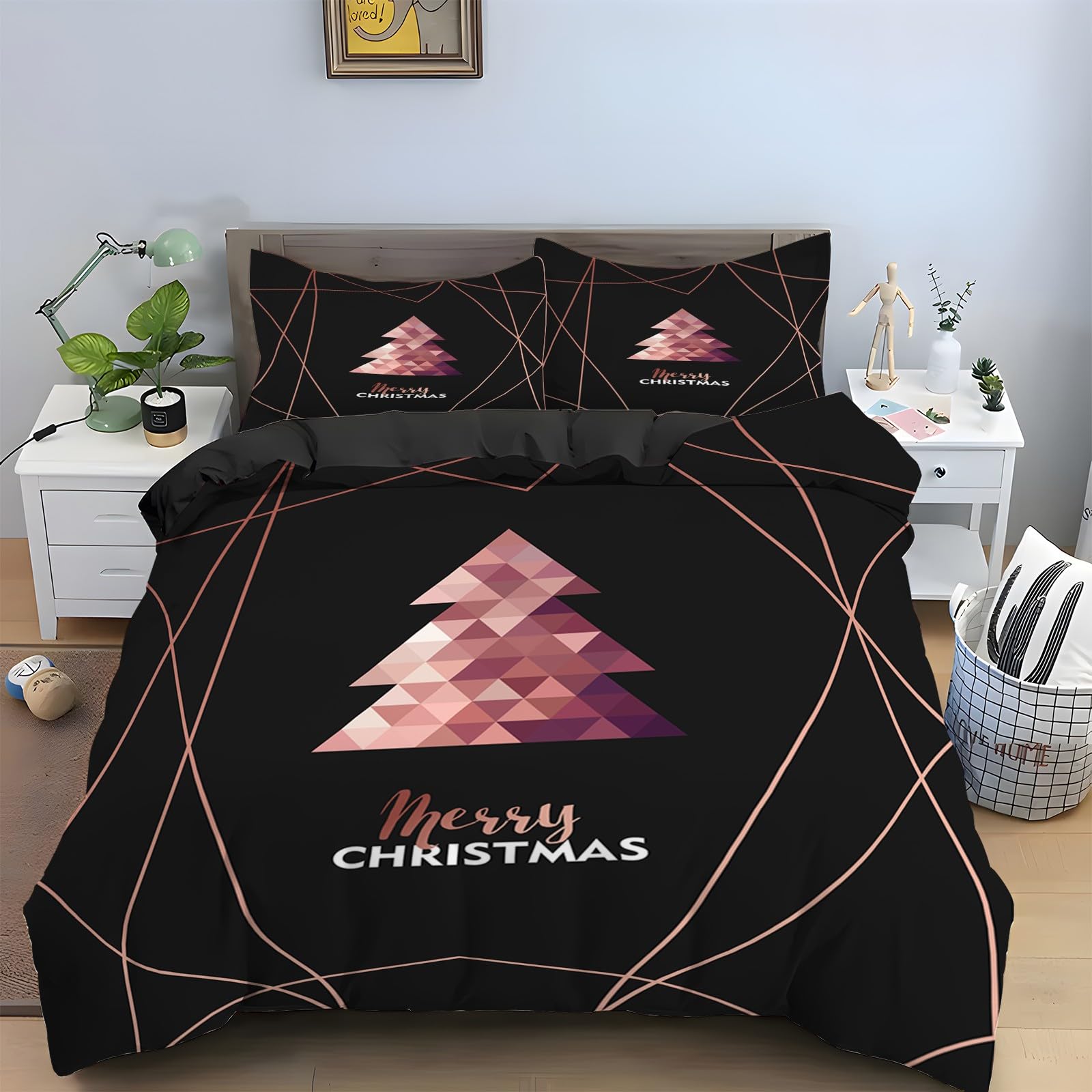 Housse de couette 220x240 sapin de Noël rose parure de lit microfibre douce avec fermeture éclair