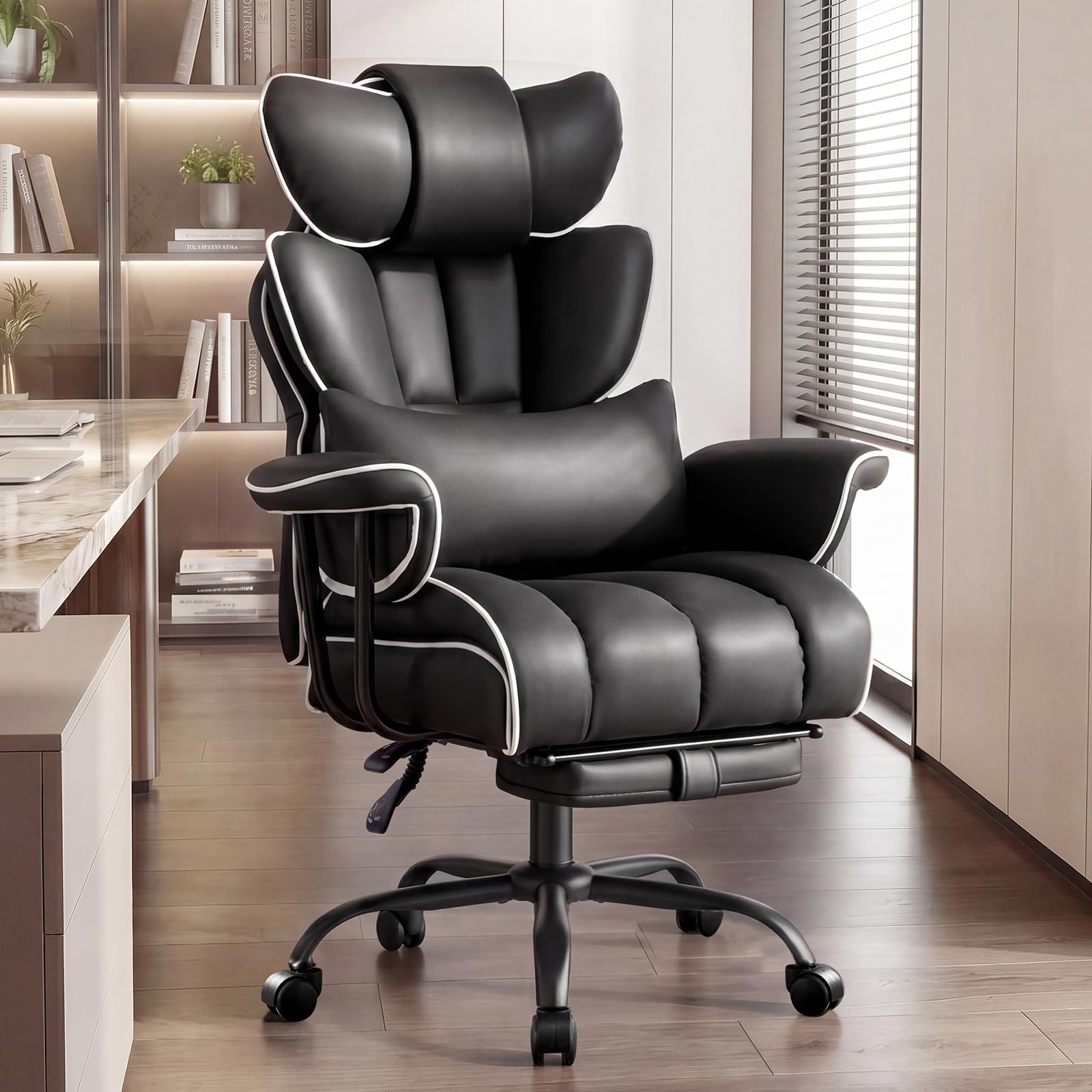 Furniliving Big and Tall Executive Office Chair- Ergonomic, Reclining Desk Chair with Footrest Lumbar Pillow, Height Adjustable Back Leather Chair for
