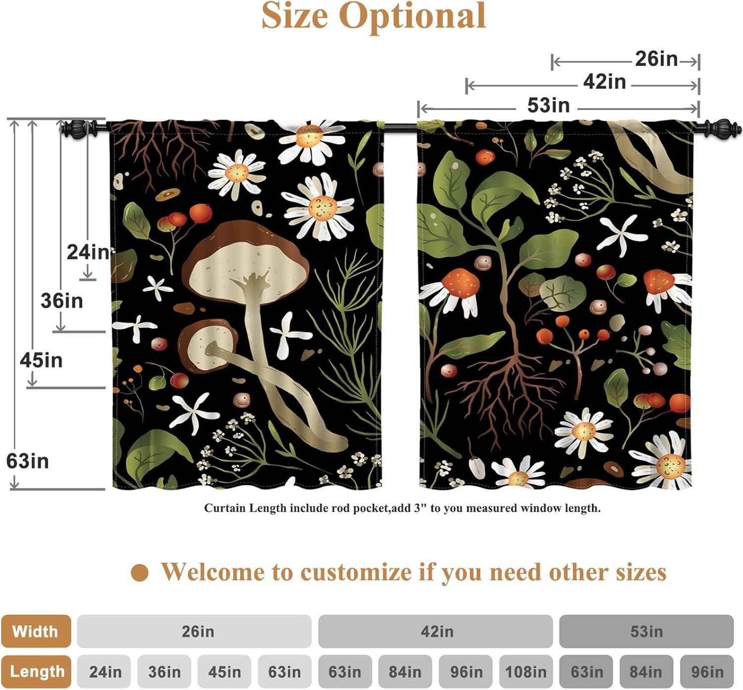 Renaiss 26 x 36 Inch Black Botanical Tier Curtains Small Window Treatment Short Blackout Curtain Rod Pocket Fairy Mushroom Daisy Half Window Curtains for Kitchen Cabinet Basement RV Camper 2 Panels