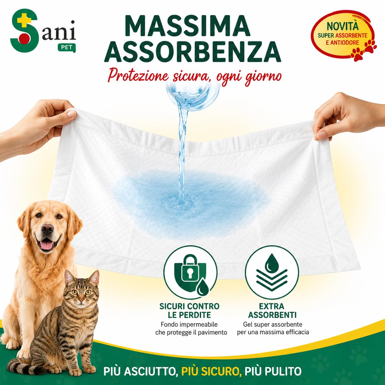 SANI PET Traverse Assorbenti 60x90 cm 100 Pezzi | Tappetini Igienici per Cani e Gatti | Adesivi Extra Lunghi | Antiodore | Fondo Impermeabile