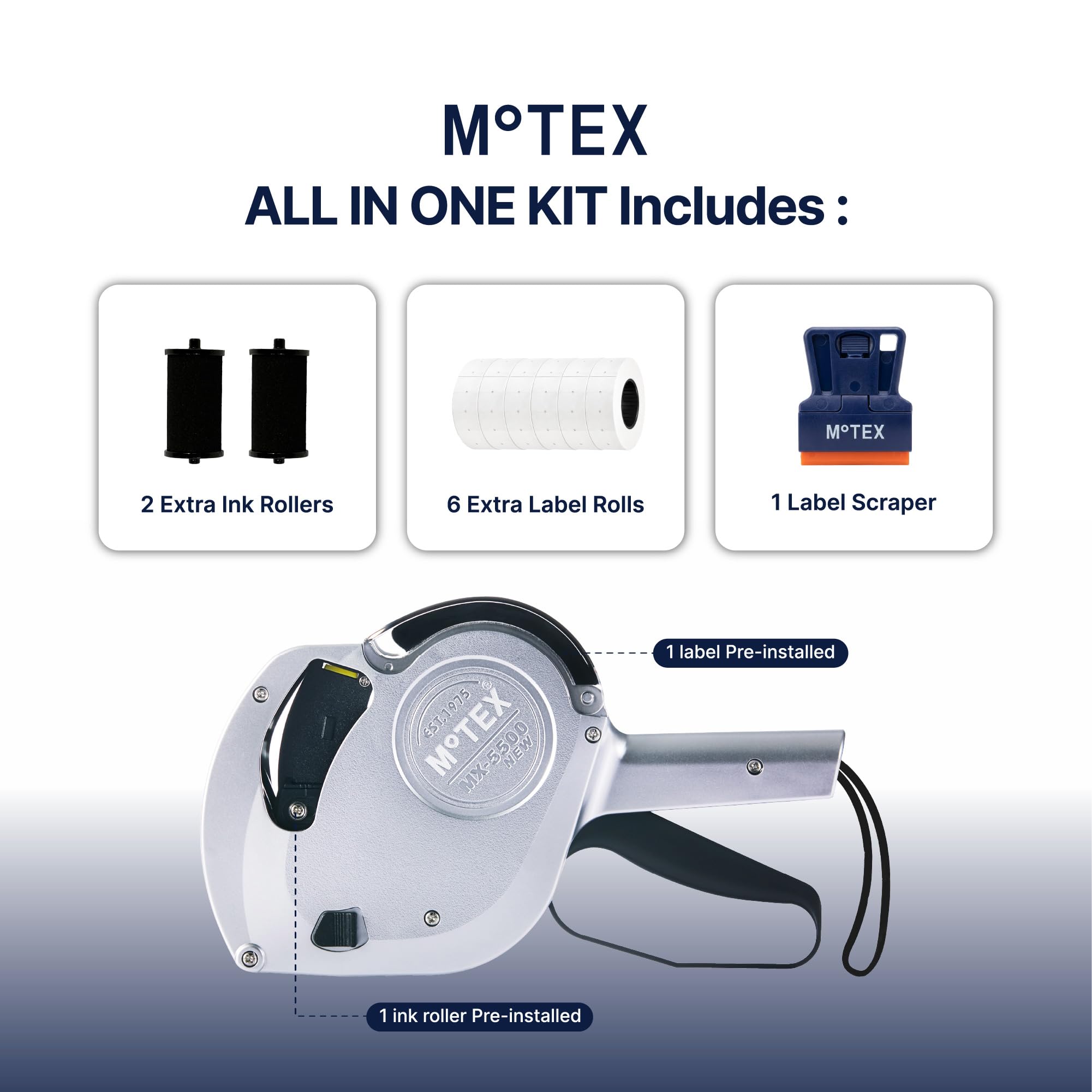 Motex MX-5500NEW Pistolet à étiquettes de prix authentique, 3 rouleaux d'encre inclus, 8 rouleaux d'étiquettes incluses, argent, 1 pistolet à étiqueter ligne, pistolet à étiqueter la date, prêt à
