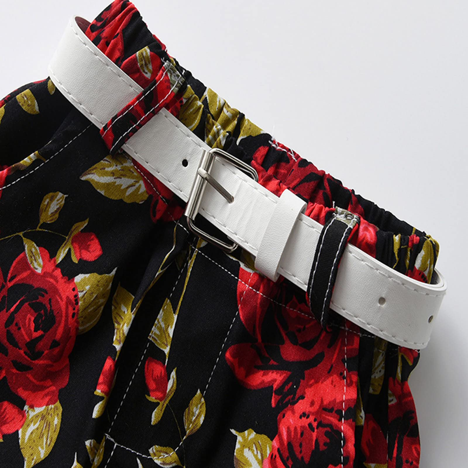 Baby Girl Overalls Toddler Boys Short Sleeve Red Flower Shirt Tops Shorts with Tie Belt Child Kids (Red, 2-3 Years)