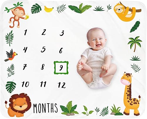 Baby Monthly Milestone Blanket Boy - Jungle Animals Neutral Newborn Month Blanket for Boy & Girl Personalized Shower Gift Soft Plush Fleece Photography Background Prop with Frame Large 51''x40''