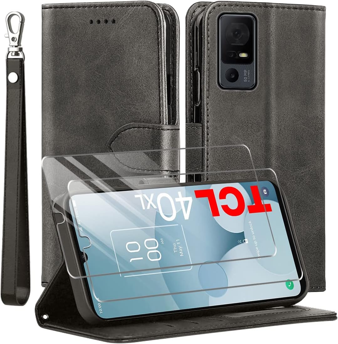 for TCL 40 XL Case and Tempered Glass Screen Protector, PU Leather Flip Cover Wallet Phone Case Protector [Full Protection] [Card Slots] [Kickstand] for TCL 40 XL, Black