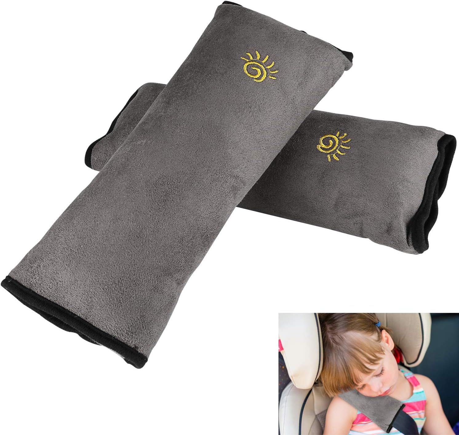 Kids Auto Seat Belt Pillow, 2 Pack XIANCAIDAN Baby Car Seat Belt Covers, Plush Soft Travel Adjust Vehicle Shoulder Pad, Car Safety Belt Strap Protector Cushion, Headrest Neck Support For Children-Gray