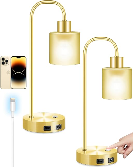 Touch Bedside Lamp, Set of 2 Fully Stepless Dimmable Edison Industrial Table Lamps with 2 USB Charging Port,Gold Nightstand Lamp with Eye-Caring Glass lampshade for Bedroom Living Room,2 Bulb Included